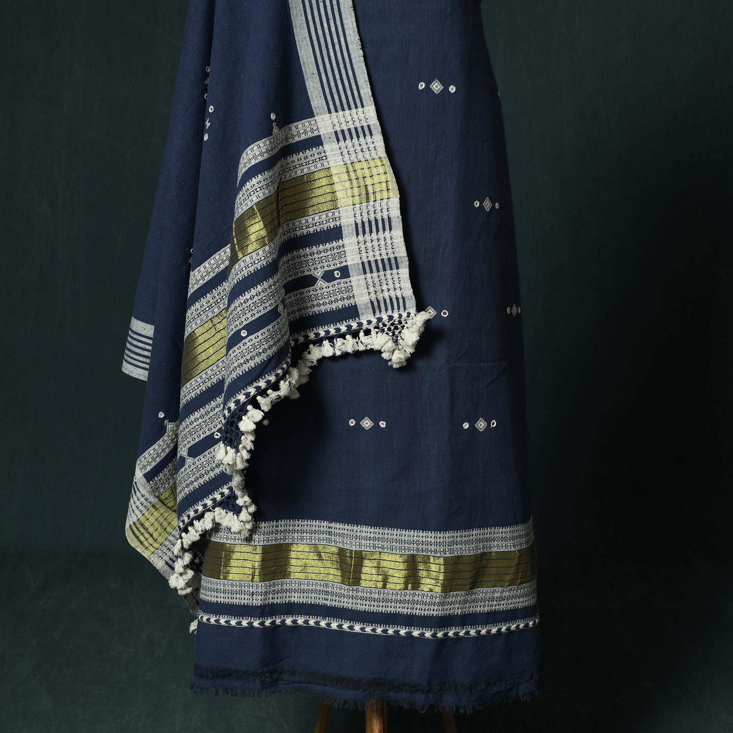 Blue - Kutch Bhujodi Handloom Kala Cotton 3pc Unstitched Dress Material Suit Set 12
