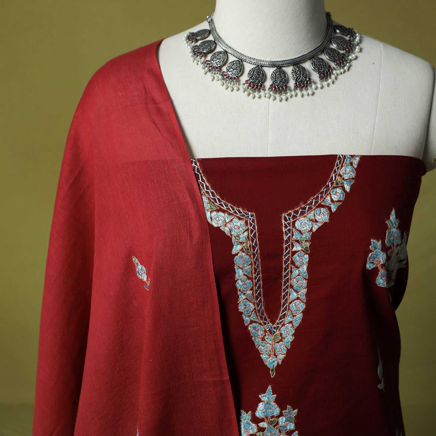 Hand Embroidered Cotton Kashida 3pc Unstitched Dress Material Suit Set 73