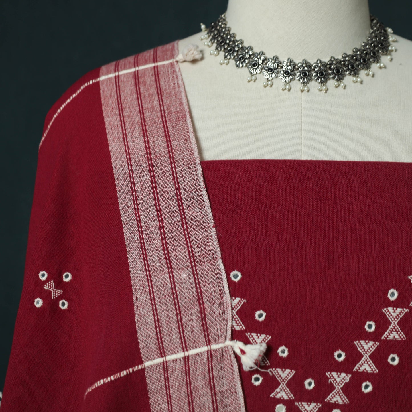 Red - Kutch Bhujodi Handloom Kala Cotton 3pc Unstitched Dress Material Suit Set 13