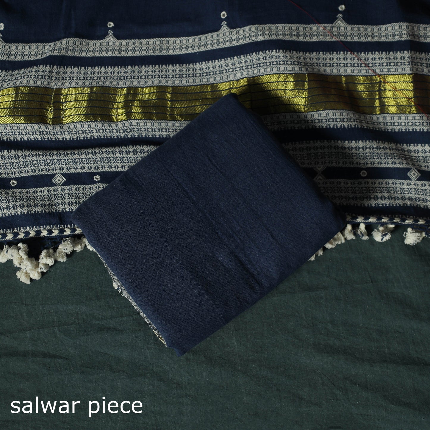 Blue - Kutch Bhujodi Handloom Kala Cotton 3pc Unstitched Dress Material Suit Set 12