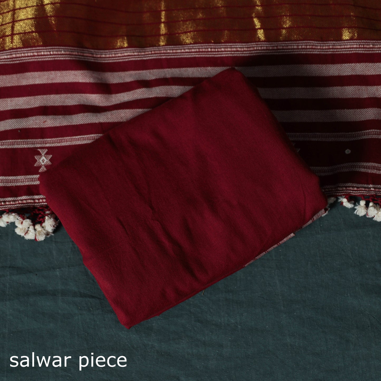 Red - Kutch Bhujodi Handloom Kala Cotton 3pc Unstitched Dress Material Suit Set 13