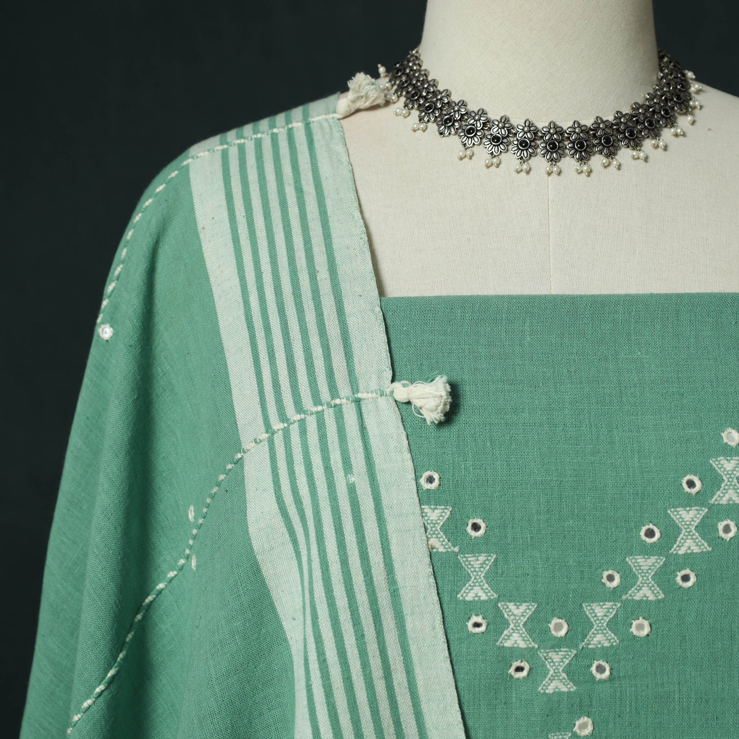 Green - Kutch Bhujodi Handloom Kala Cotton 3pc Unstitched Dress Material Suit Set 14