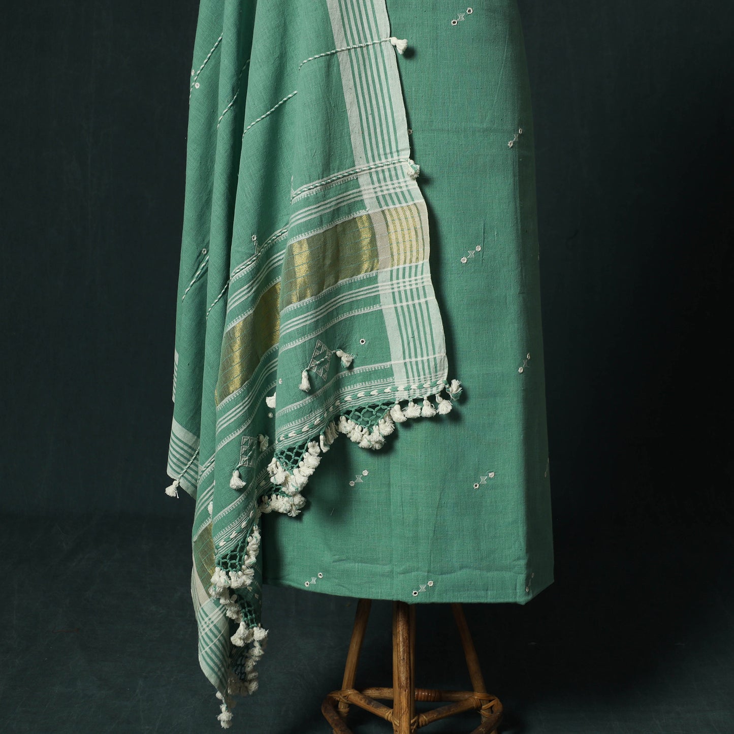 Green - Kutch Bhujodi Handloom Kala Cotton 3pc Unstitched Dress Material Suit Set 14