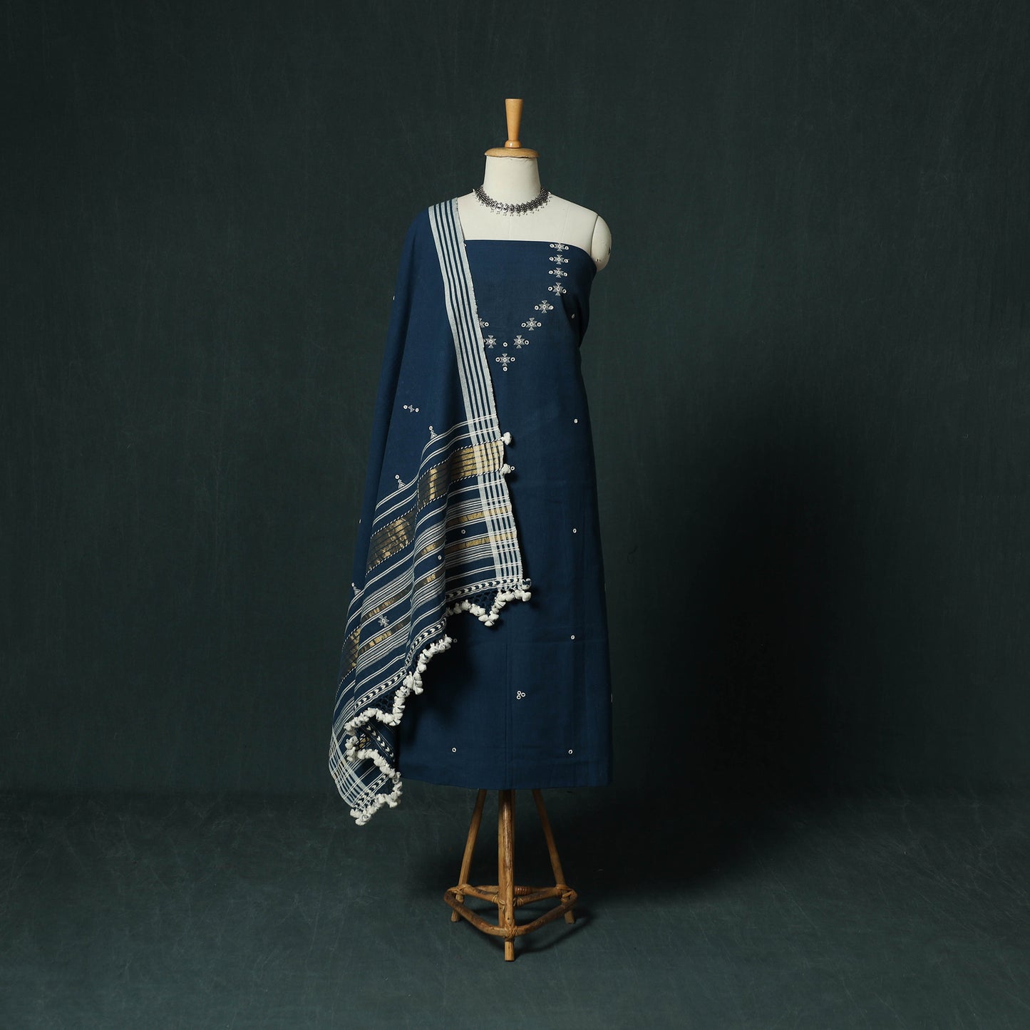 Blue - Kutch Bhujodi Handloom Kala Cotton 3pc Unstitched Dress Material Suit Set 15