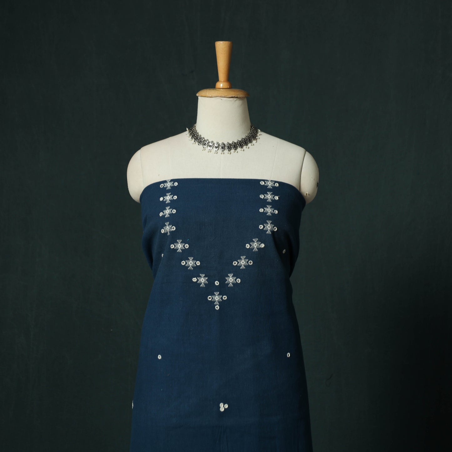 Blue - Kutch Bhujodi Handloom Kala Cotton 3pc Unstitched Dress Material Suit Set 15