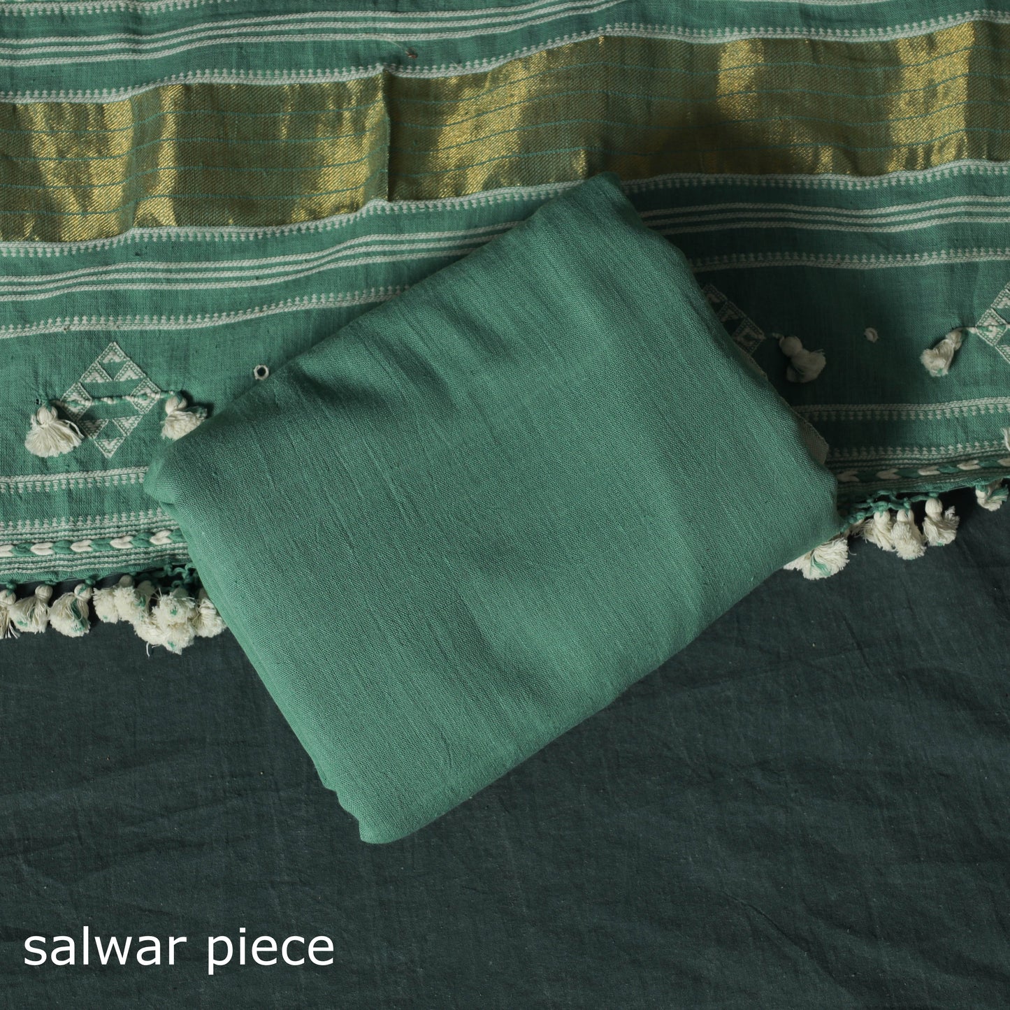 Green - Kutch Bhujodi Handloom Kala Cotton 3pc Unstitched Dress Material Suit Set 14