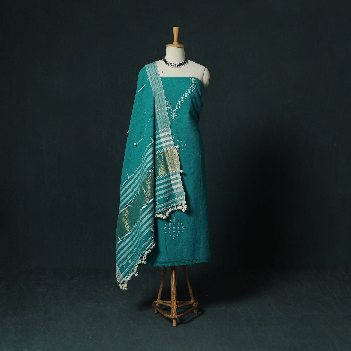 Green - Kutch Bhujodi Handloom Kala Cotton 3pc Unstitched Dress Material Suit Set 18