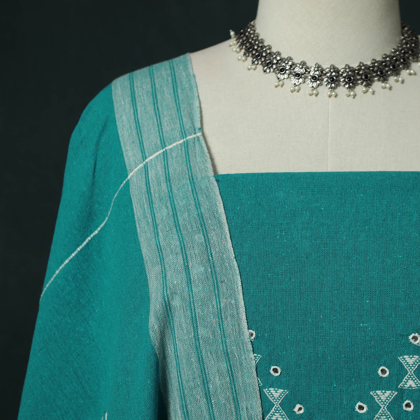 Green - Kutch Bhujodi Handloom Kala Cotton 3pc Unstitched Dress Material Suit Set 18