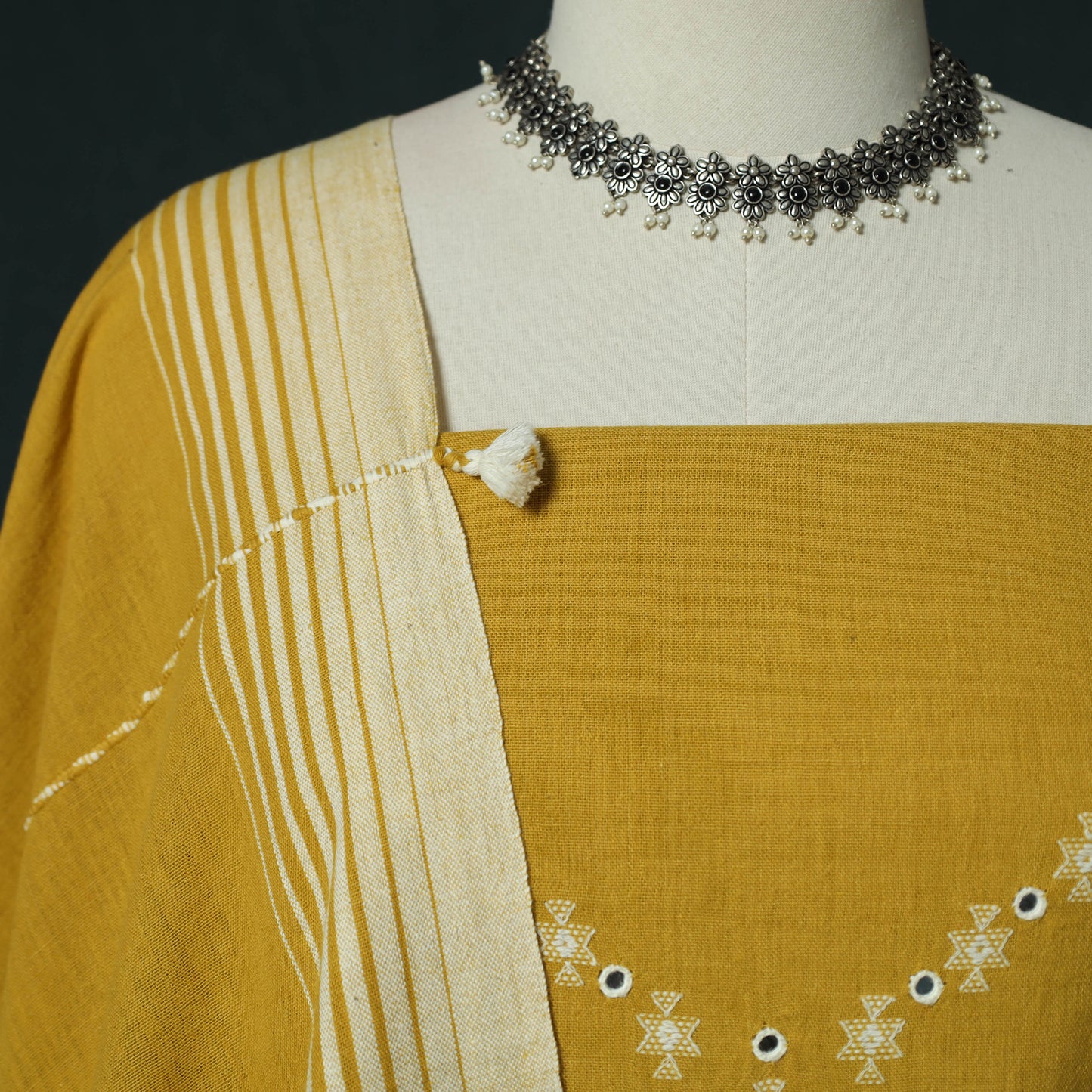 Yellow - Kutch Bhujodi Handloom Kala Cotton 3pc Unstitched Dress Material Suit Set 19