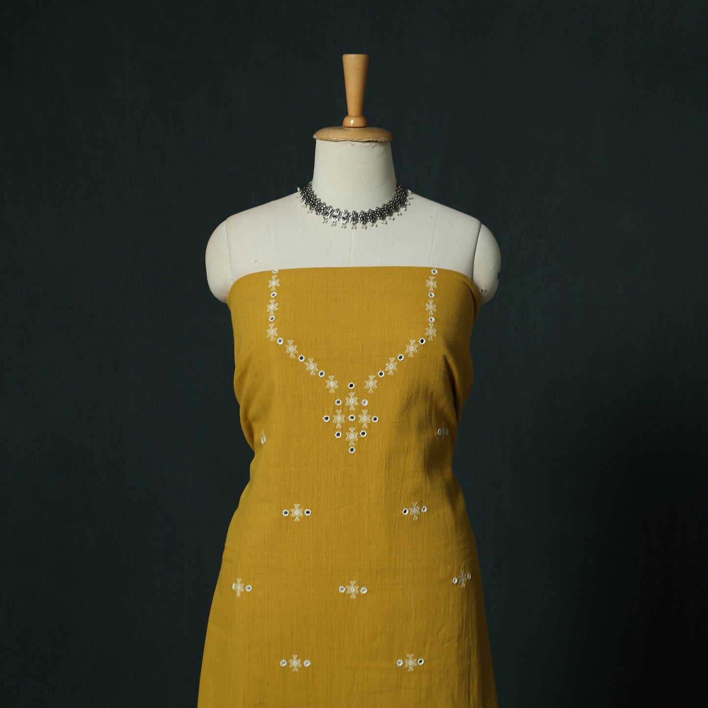 Yellow - Kutch Bhujodi Handloom Kala Cotton 3pc Unstitched Dress Material Suit Set 19