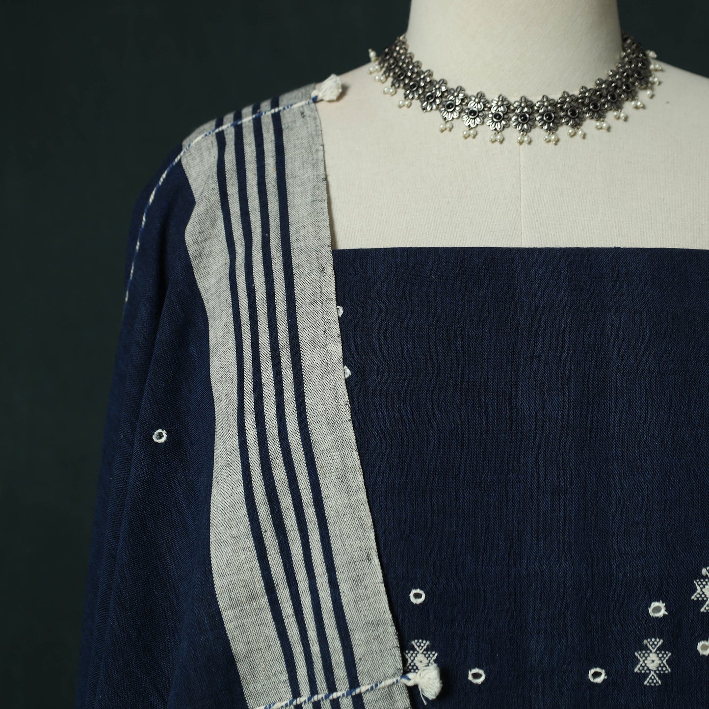 Blue - Kutch Bhujodi Handloom Kala Cotton 3pc Unstitched Dress Material Suit Set 17