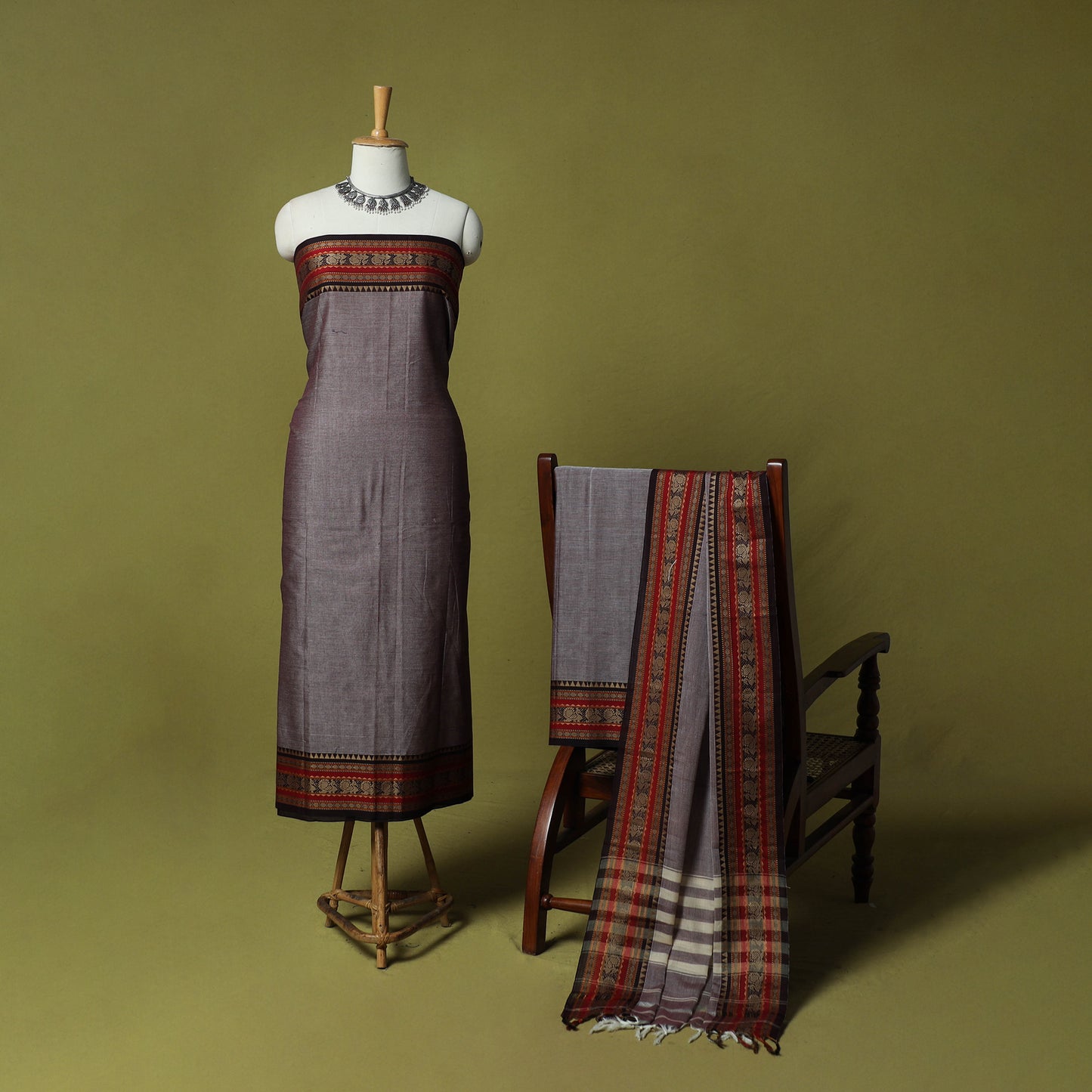 Dharwad Cotton 3pc Unstitched Dress Material Suit Set with Woven Border 58
