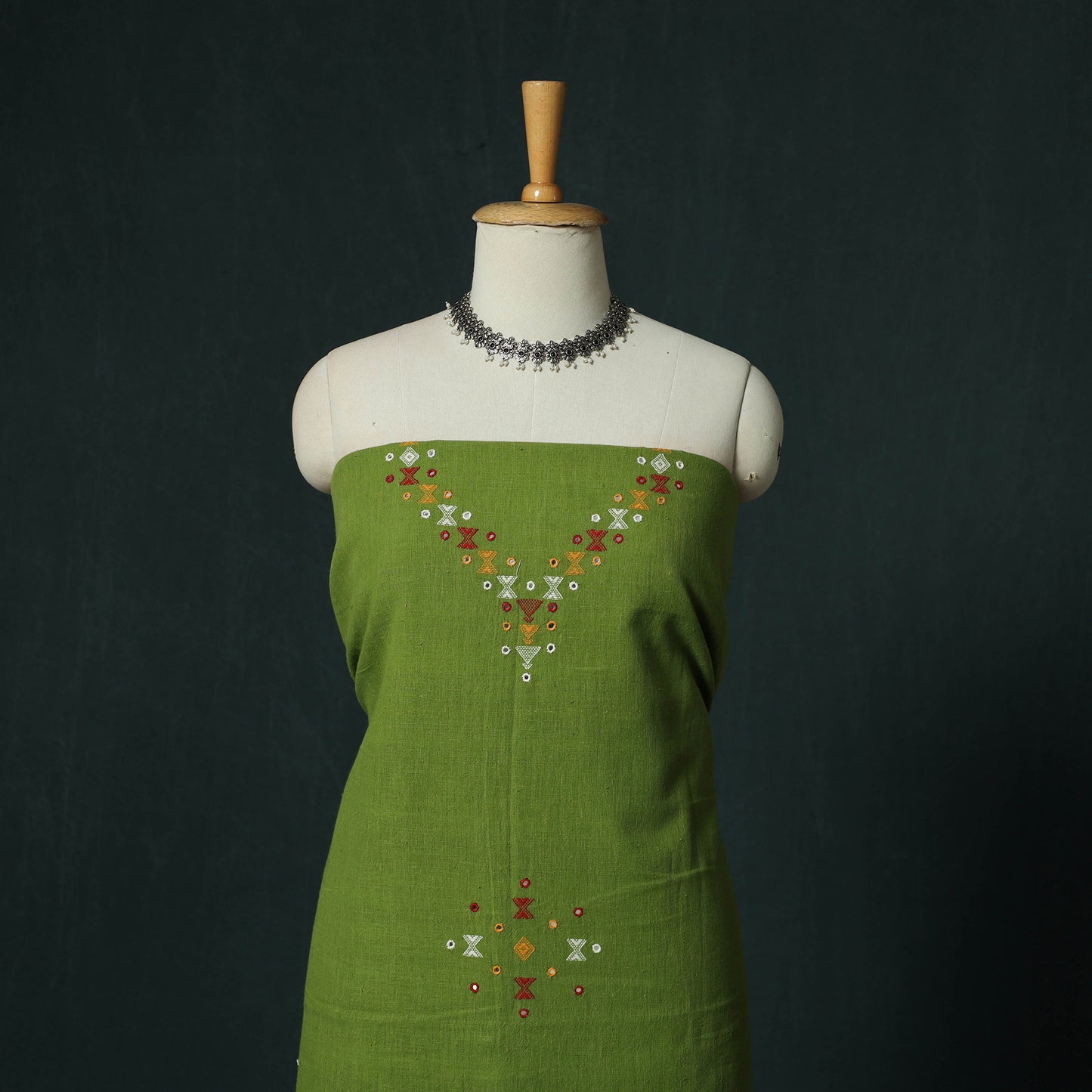 Green - Kutch Bhujodi Handloom Kala Cotton 3pc Unstitched Dress Material Suit Set 20