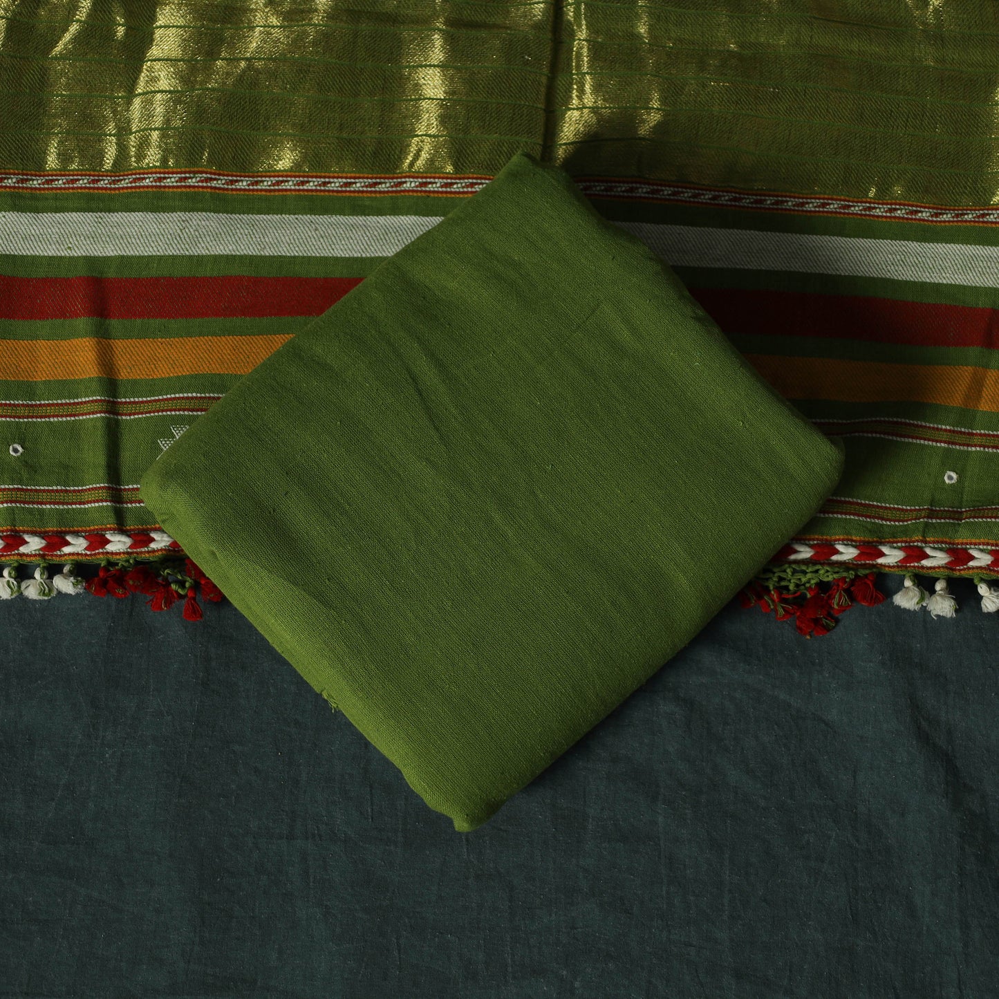 Green - Kutch Bhujodi Handloom Kala Cotton 3pc Unstitched Dress Material Suit Set 20
