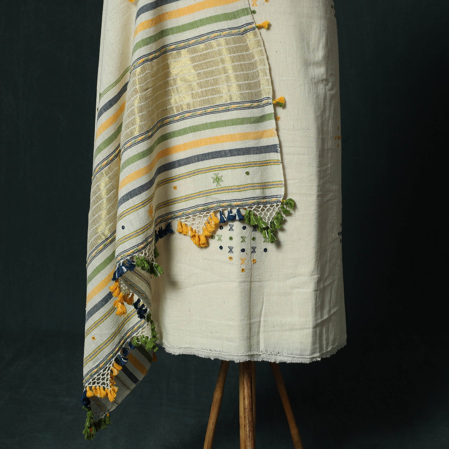 White - Kutch Bhujodi Handloom Kala Cotton 3pc Unstitched Dress Material Suit Set 22