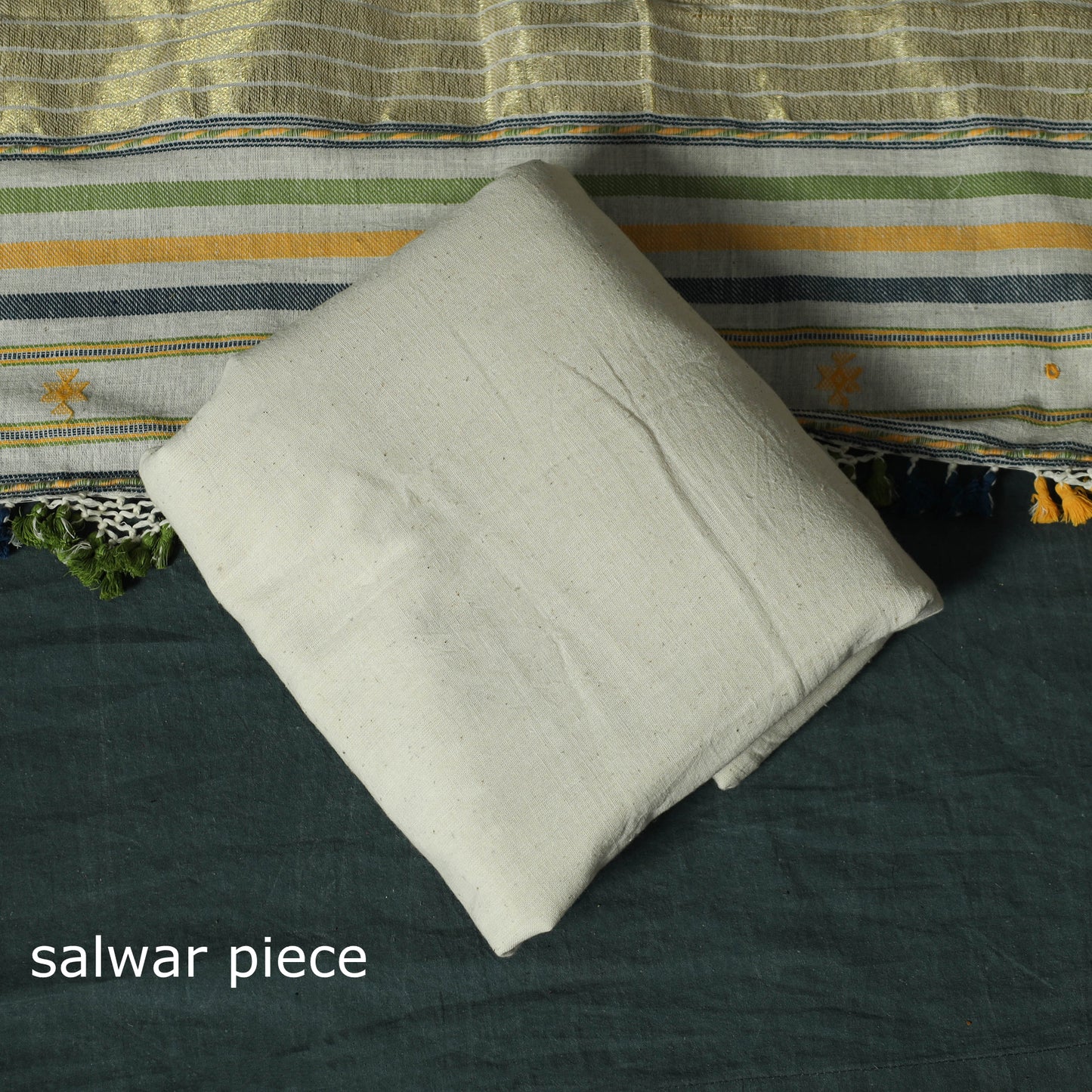 White - Kutch Bhujodi Handloom Kala Cotton 3pc Unstitched Dress Material Suit Set 22