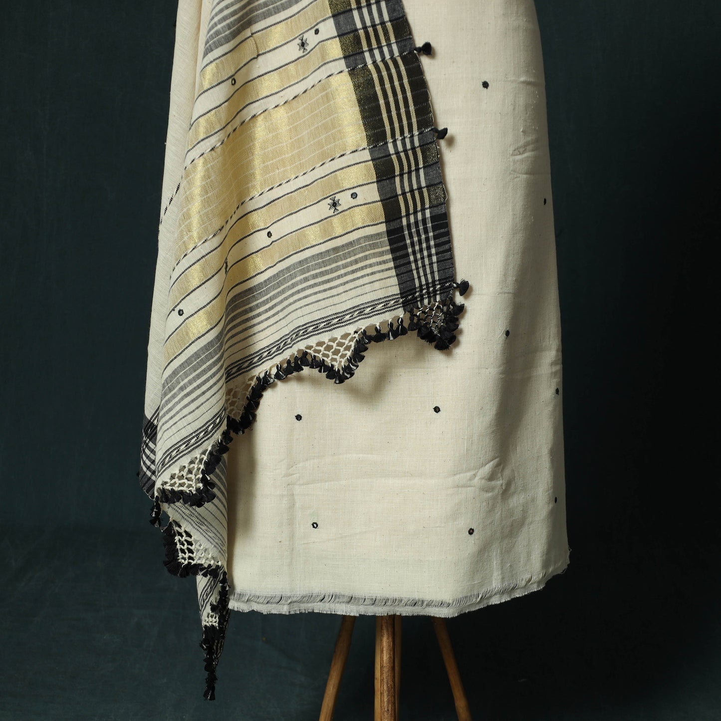White - Kutch Bhujodi Handloom Kala Cotton 3pc Unstitched Dress Material Suit Set 24