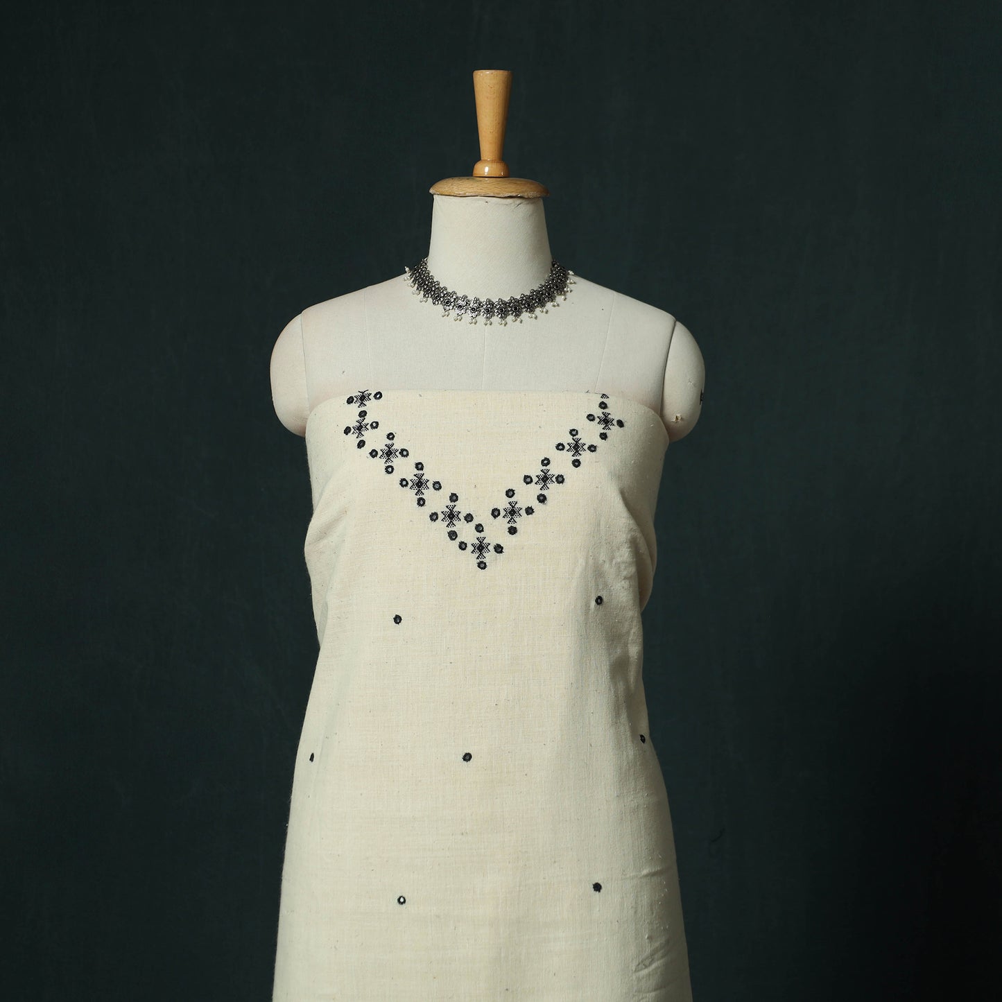 White - Kutch Bhujodi Handloom Kala Cotton 3pc Unstitched Dress Material Suit Set 24