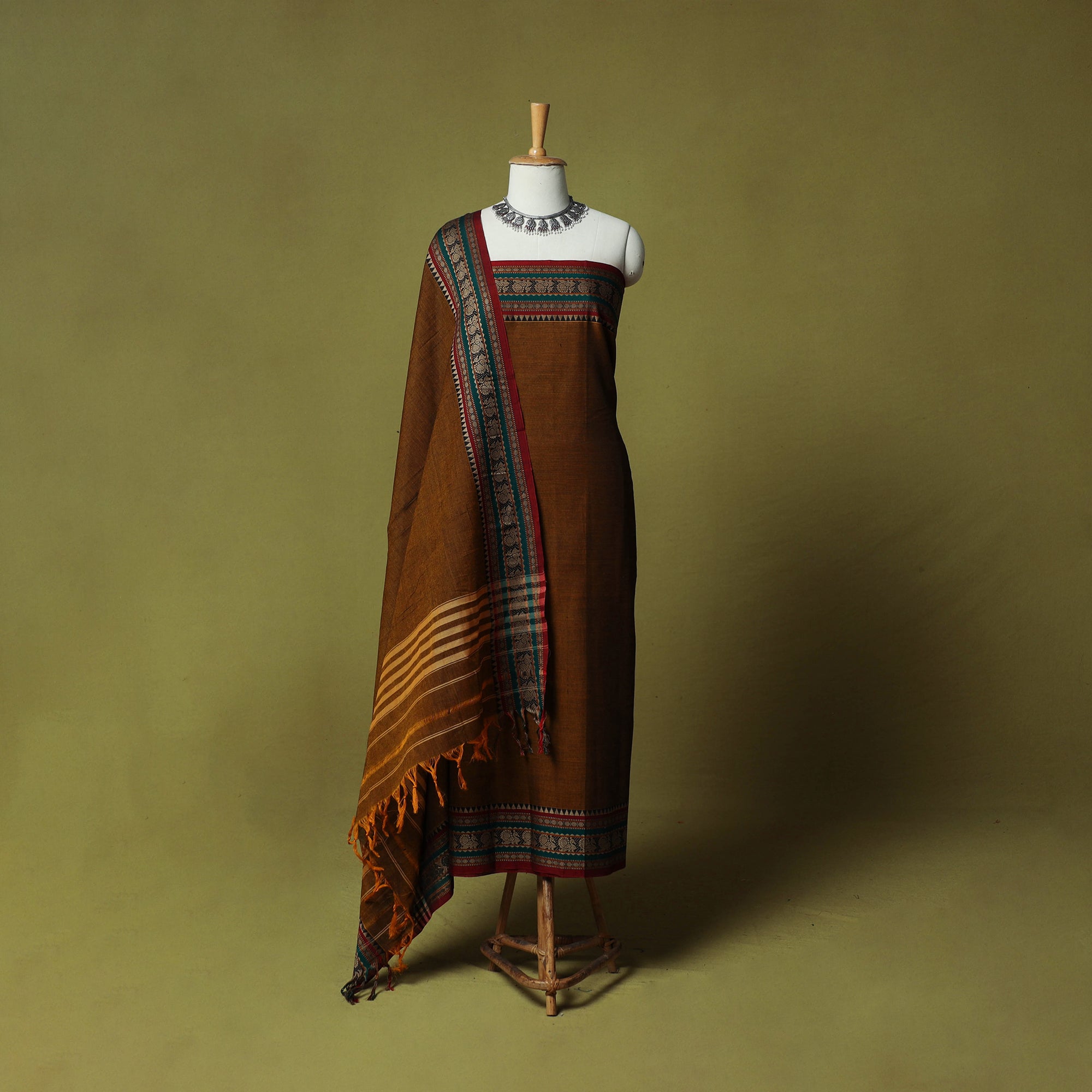 Brown Dharwad Cotton 3pc Unstitched Dress Material Suit Set with Woven Border