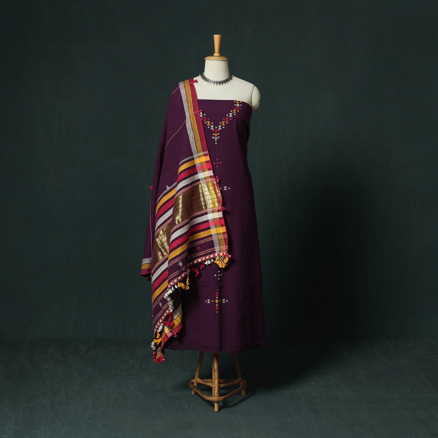 Purple - Kutch Bhujodi Handloom Kala Cotton 3pc Unstitched Dress Material Suit Set 25
