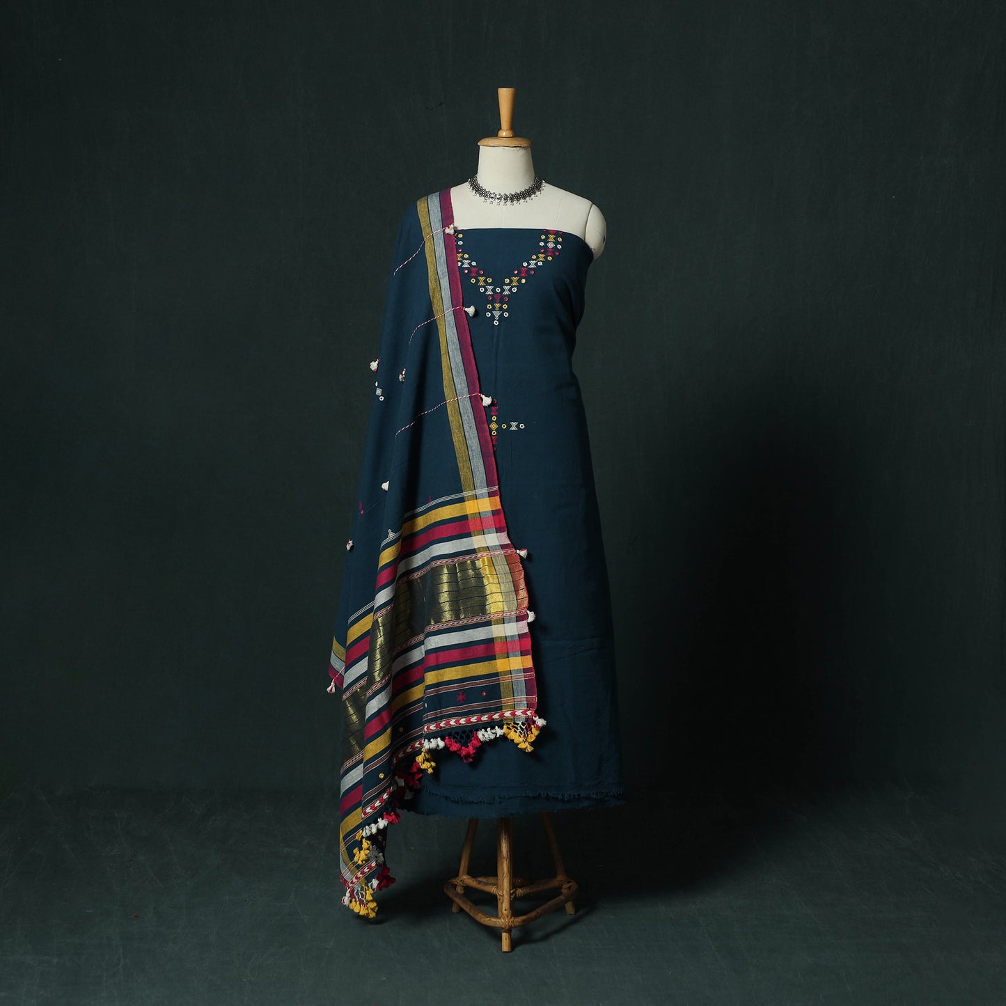 Blue - Kutch Bhujodi Handloom Kala Cotton 3pc Unstitched Dress Material Suit Set 26