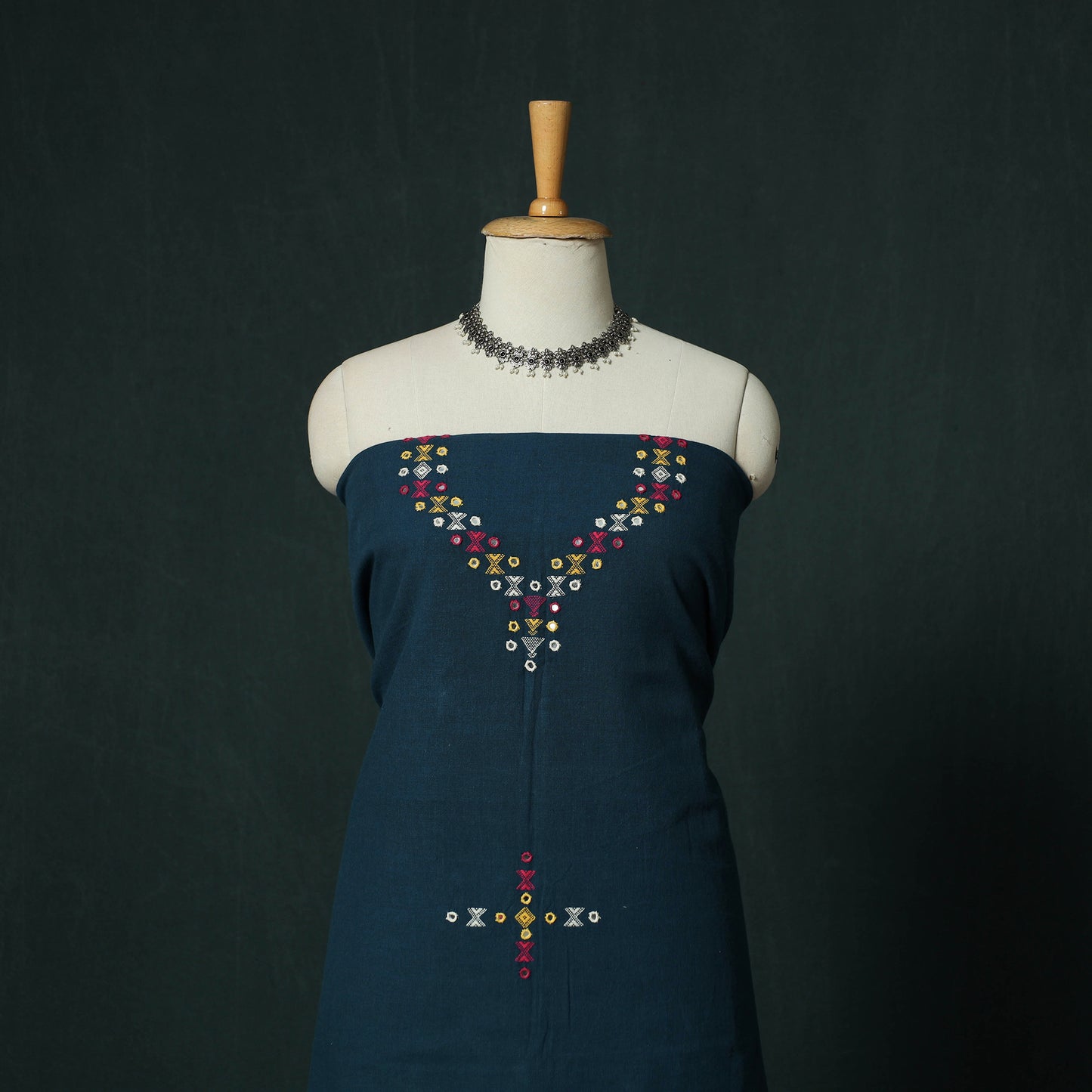 Blue - Kutch Bhujodi Handloom Kala Cotton 3pc Unstitched Dress Material Suit Set 26
