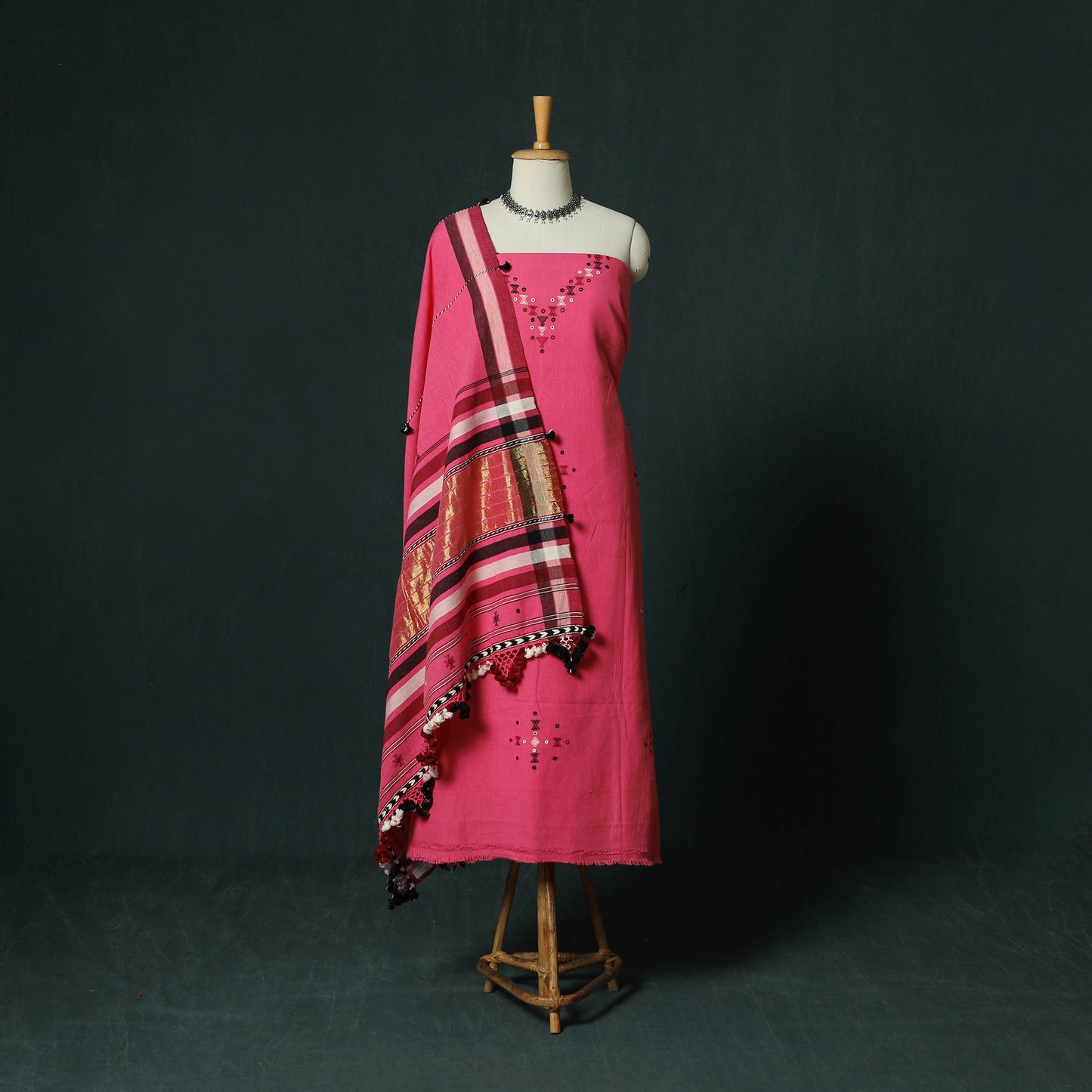 Pink - Kutch Bhujodi Handloom Kala Cotton 3pc Unstitched Dress Material Suit Set 27