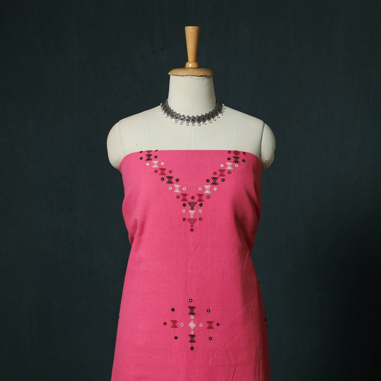 Pink - Kutch Bhujodi Handloom Kala Cotton 3pc Unstitched Dress Material Suit Set 27