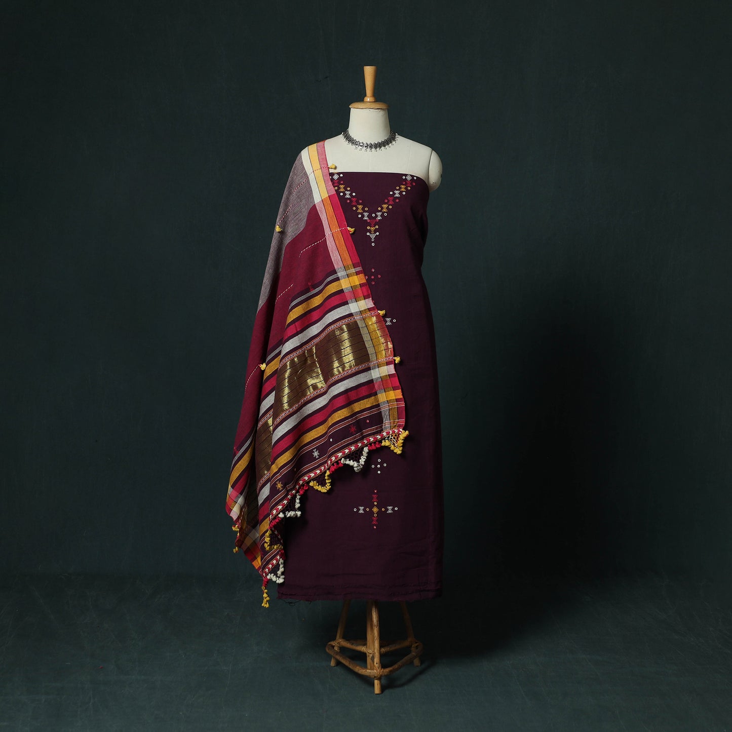 Purple - Kutch Bhujodi Handloom Kala Cotton 3pc Unstitched Dress Material Suit Set 28
