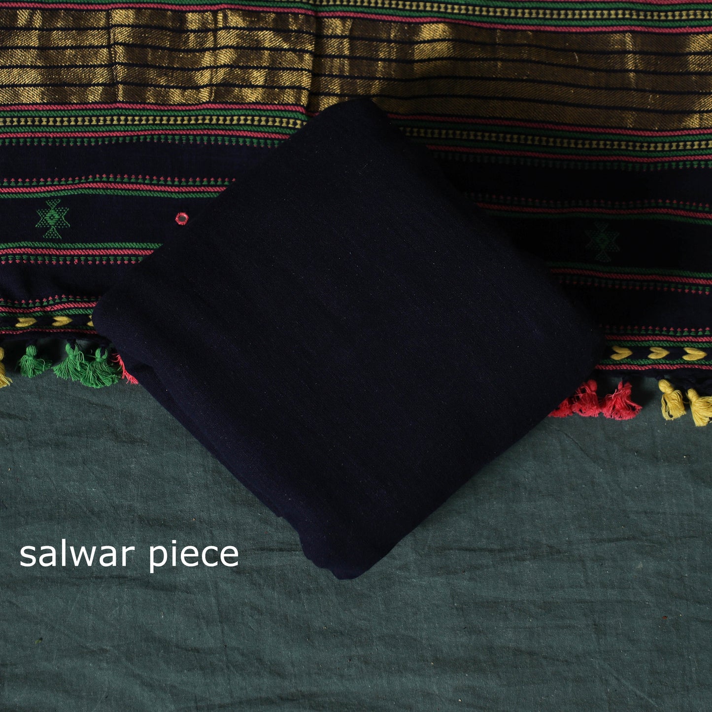 Blue - Kutch Bhujodi Handloom Kala Cotton 3pc Unstitched Dress Material Suit Set 30