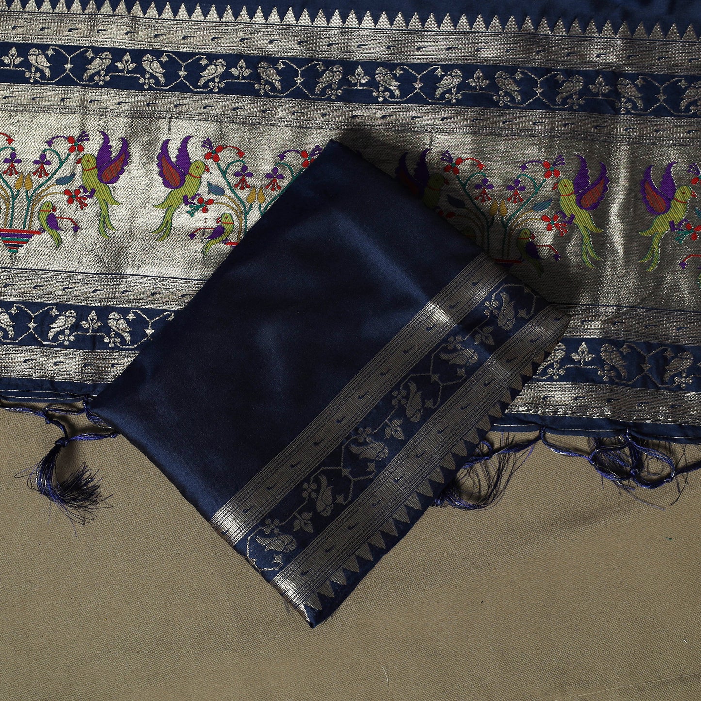 Blue - Bangalore Silk Paithani Weave 3pc Unstitched Dress Material Suit Set 07