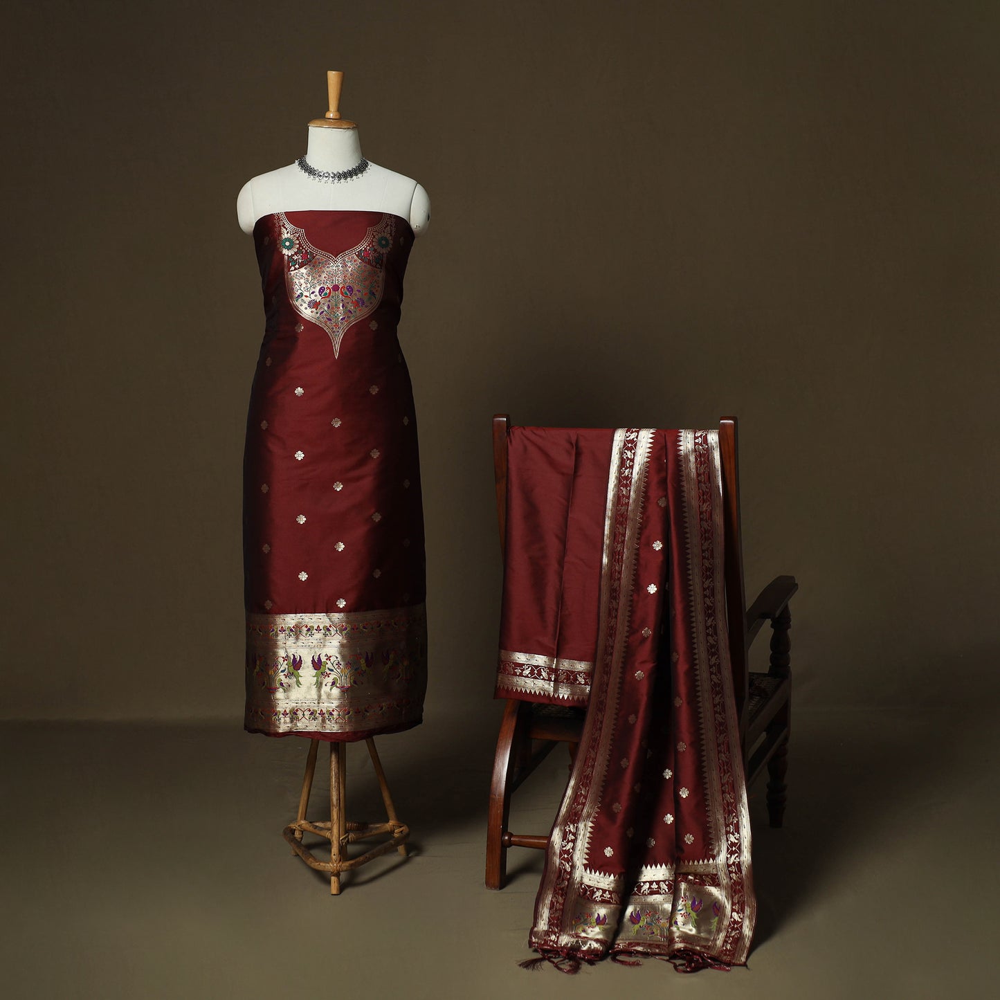 Maroon - Bangalore Silk Paithani Weave 3pc Unstitched Dress Material Suit Set 08