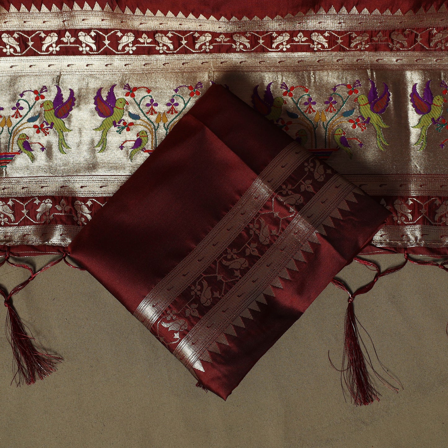 Maroon - Bangalore Silk Paithani Weave 3pc Unstitched Dress Material Suit Set 08