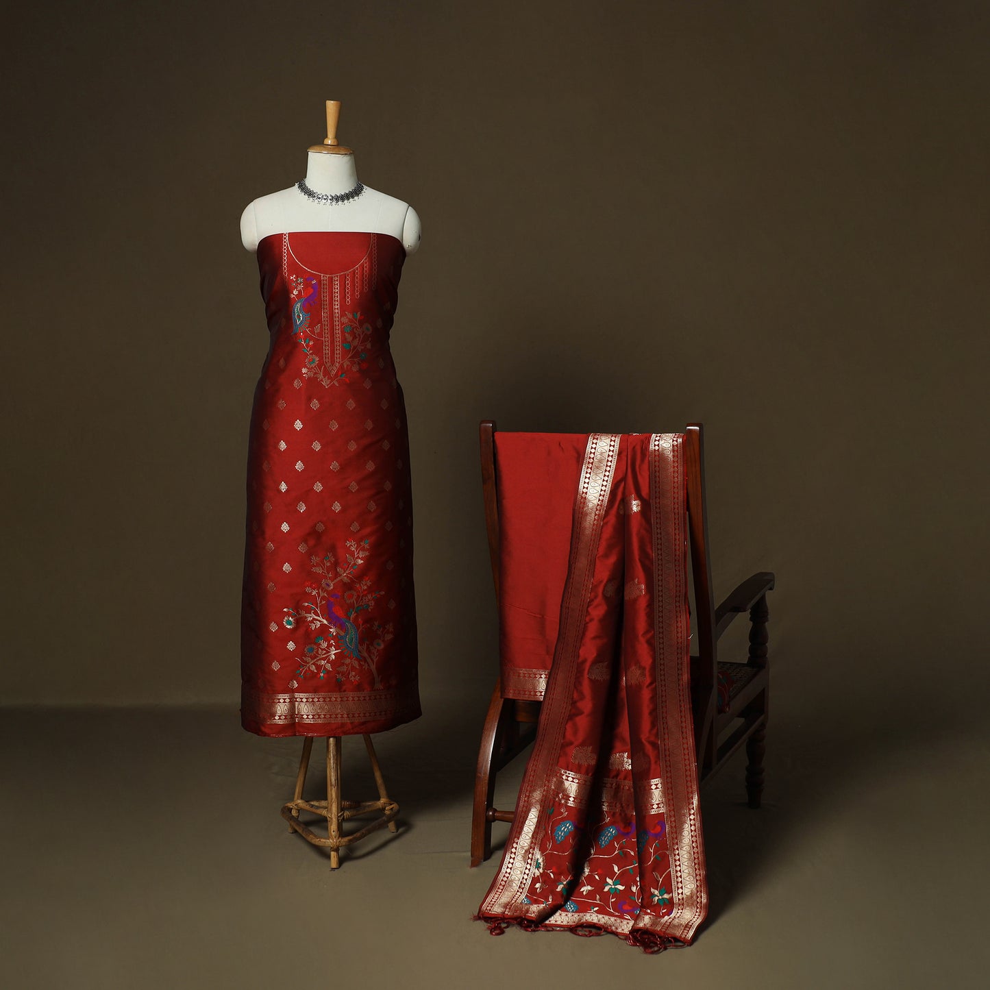 Red - Bangalore Silk Paithani Weave 3pc Unstitched Dress Material Suit Set 10