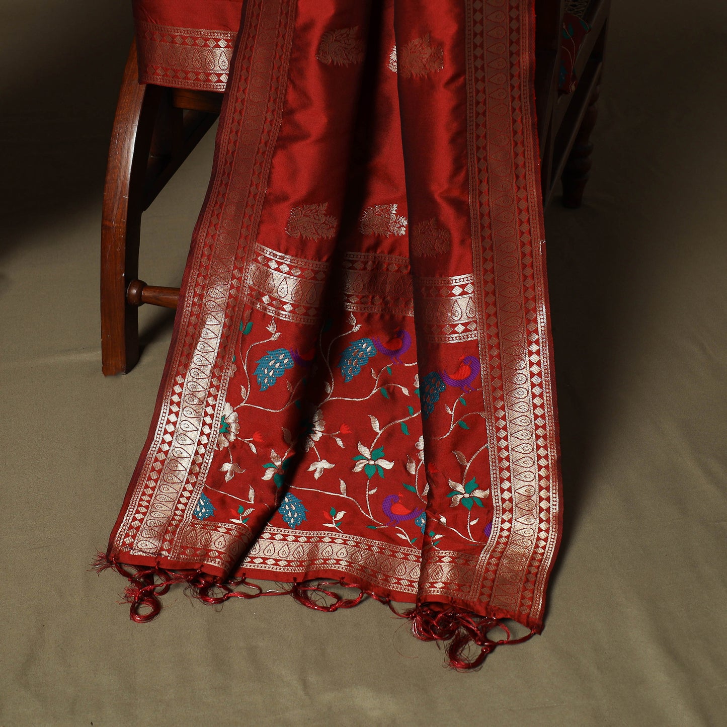 Red - Bangalore Silk Paithani Weave 3pc Unstitched Dress Material Suit Set 10