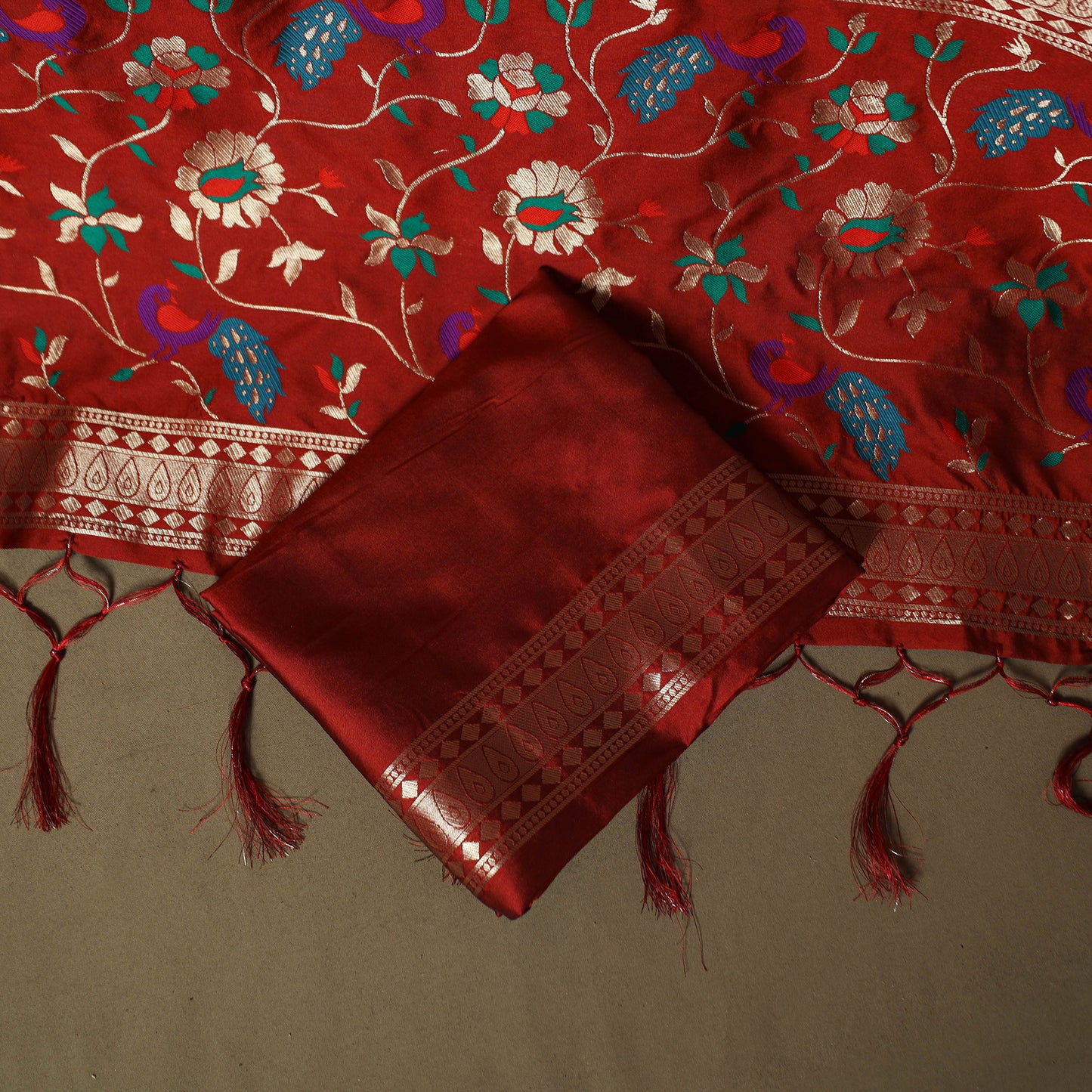 Red - Bangalore Silk Paithani Weave 3pc Unstitched Dress Material Suit Set 10