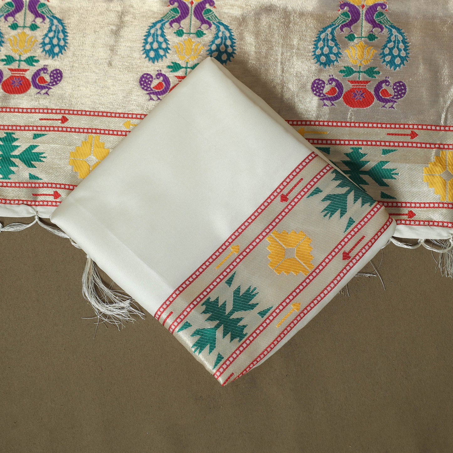 White - Bangalore Silk Paithani Weave 3pc Unstitched Dress Material Suit Set 11