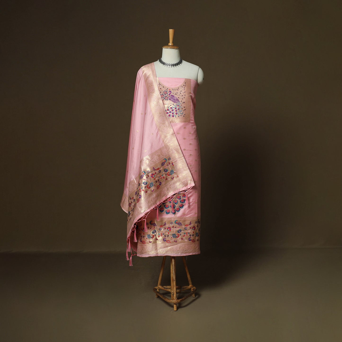 Pink - Bangalore Silk Paithani Weave 3pc Unstitched Dress Material Suit Set 14