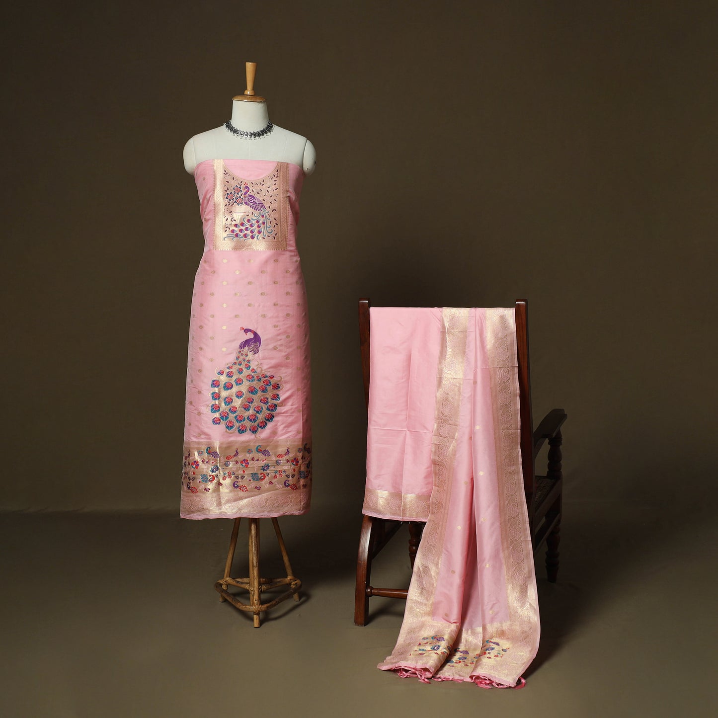 Pink - Bangalore Silk Paithani Weave 3pc Unstitched Dress Material Suit Set 14