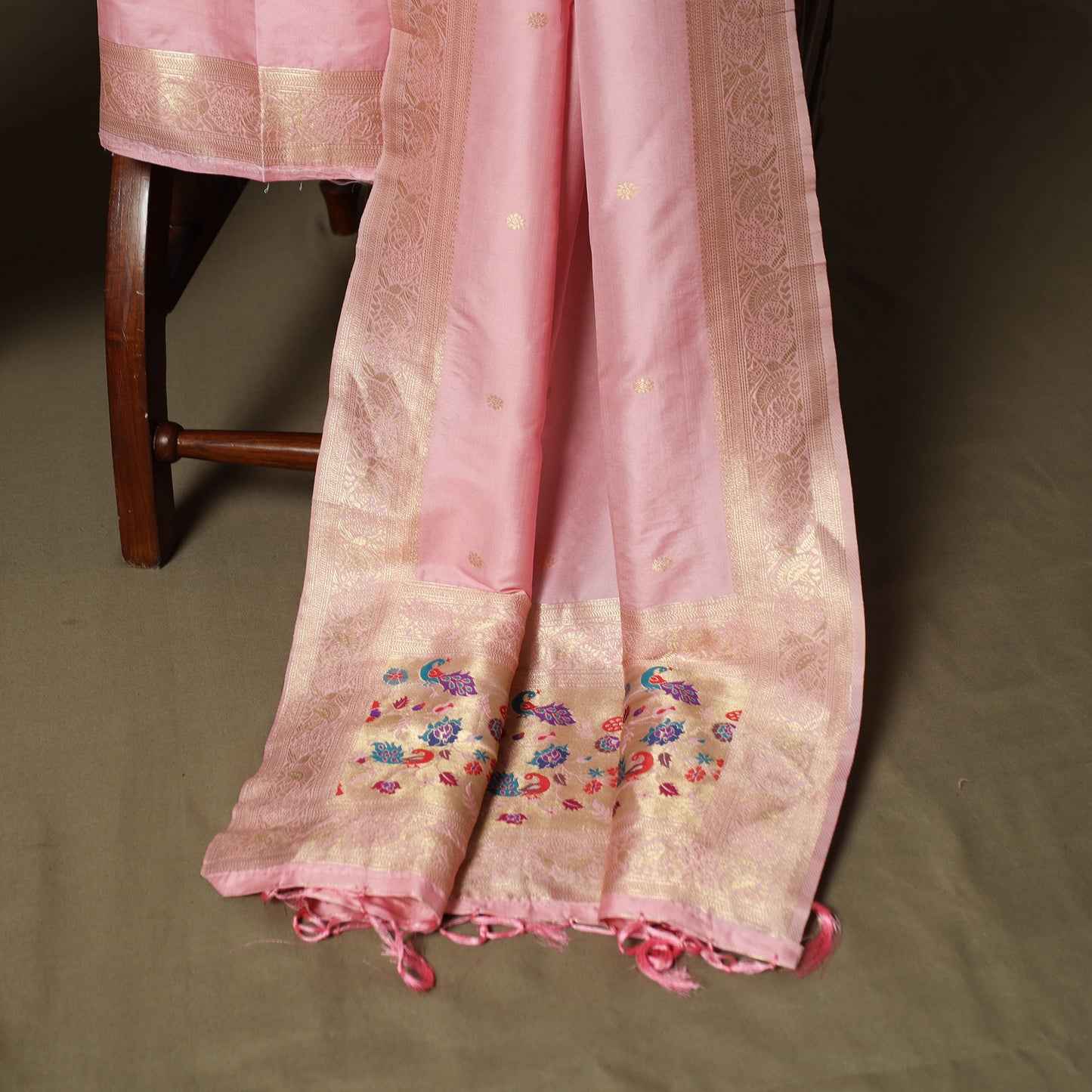 Pink - Bangalore Silk Paithani Weave 3pc Unstitched Dress Material Suit Set 14