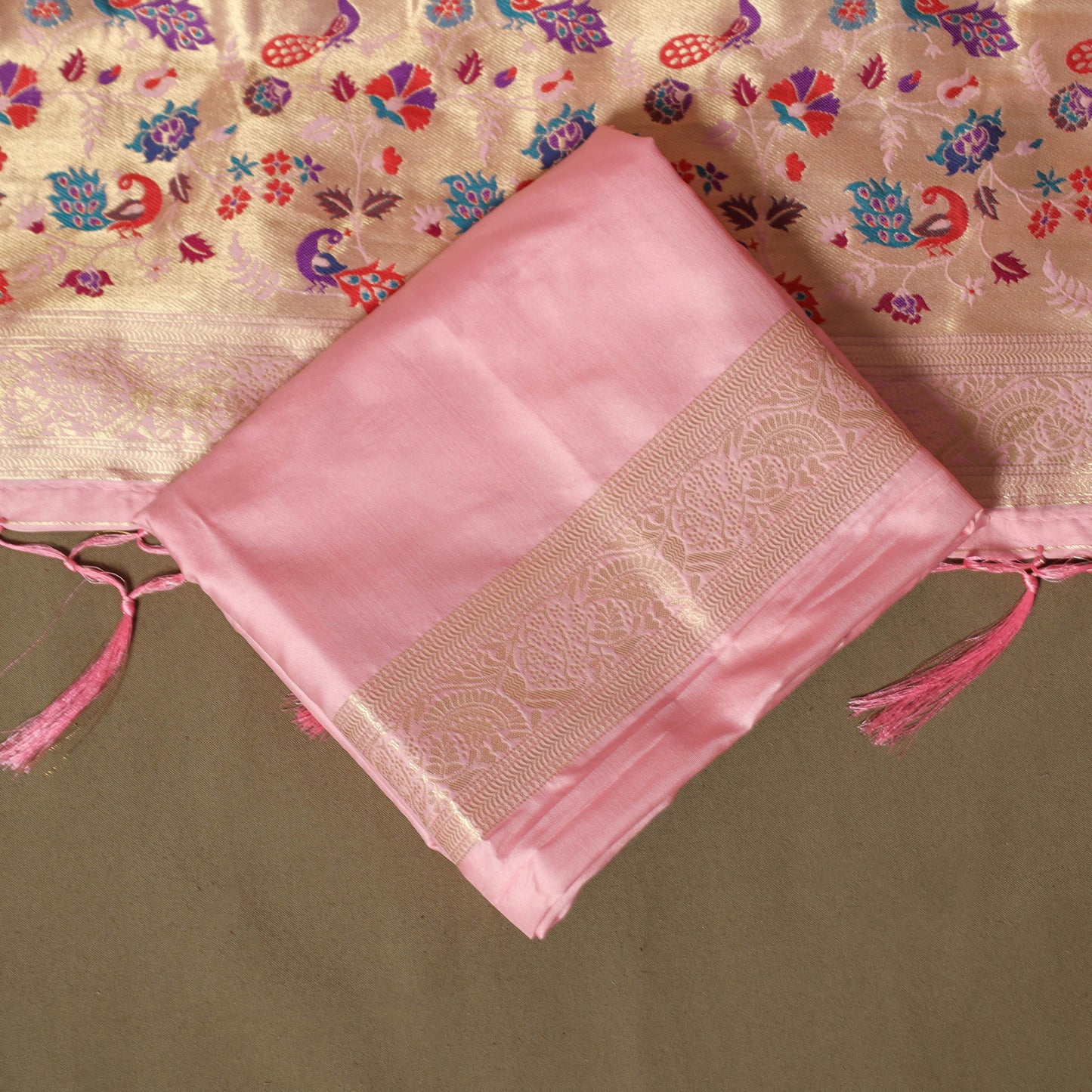Pink - Bangalore Silk Paithani Weave 3pc Unstitched Dress Material Suit Set 14