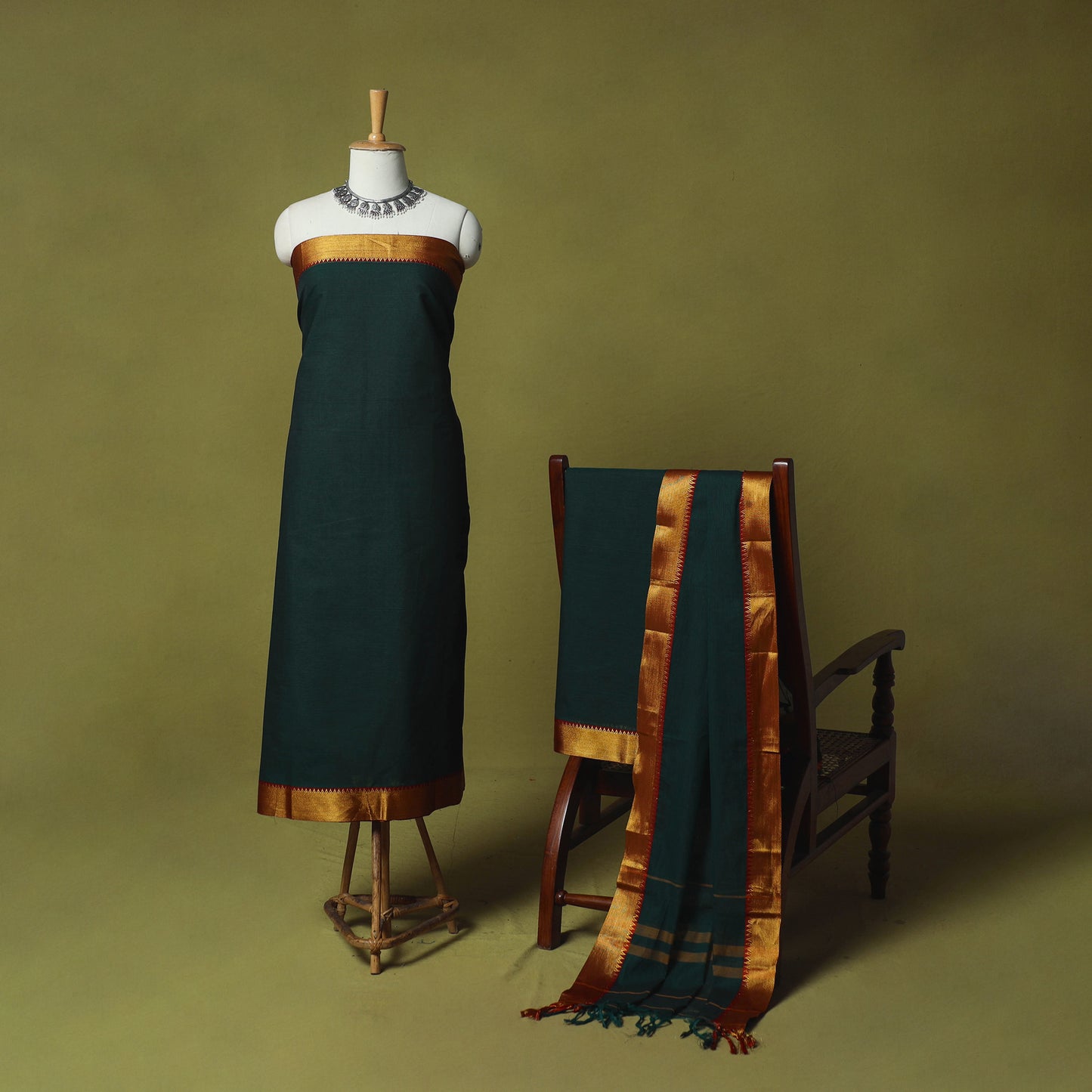 Dharwad Cotton 3pc Unstitched Dress Material Suit Set with Woven Zari Border 82