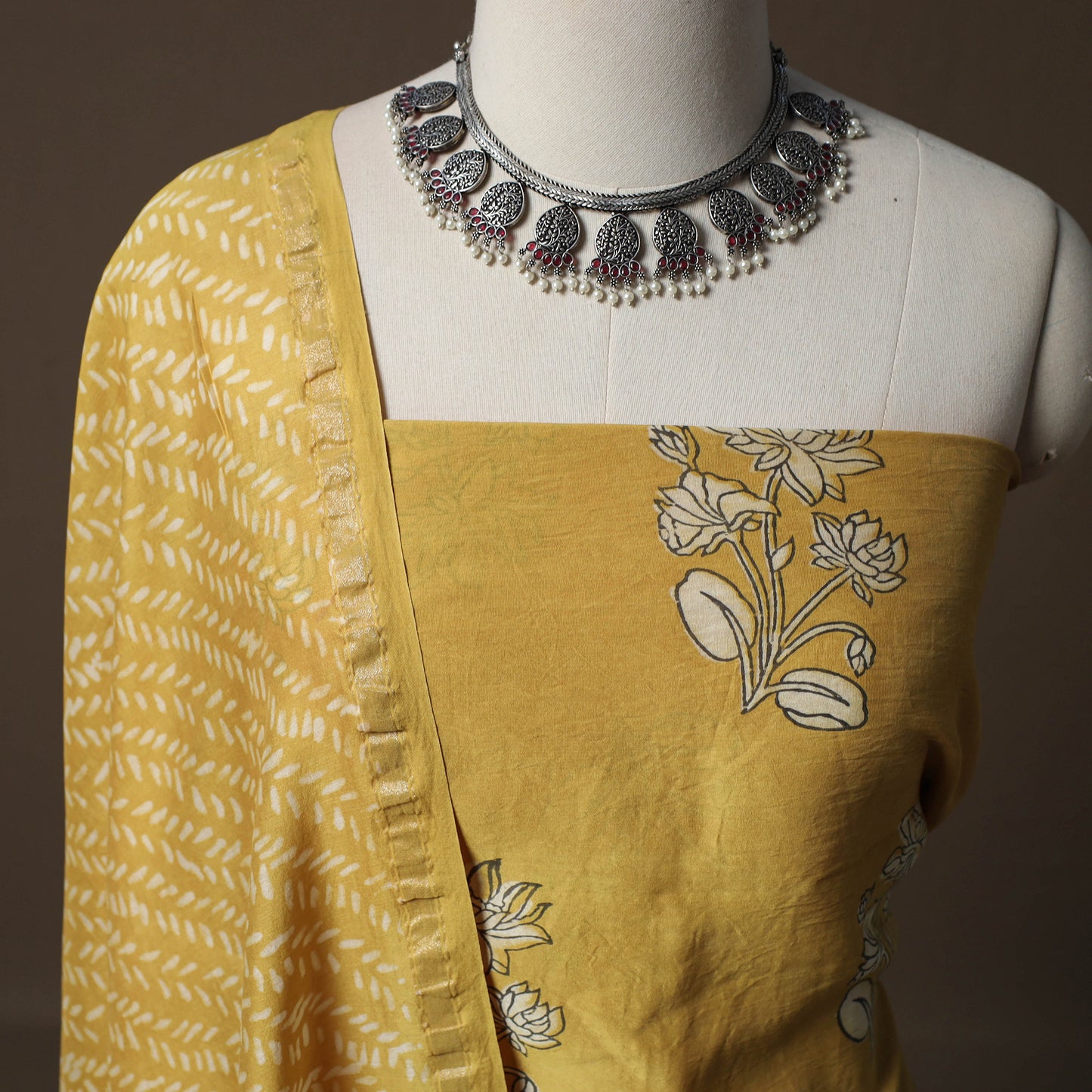 Akola Hand Block Print Chanderi Silk 2pc Unstitched Dress Material Kurta Set 04