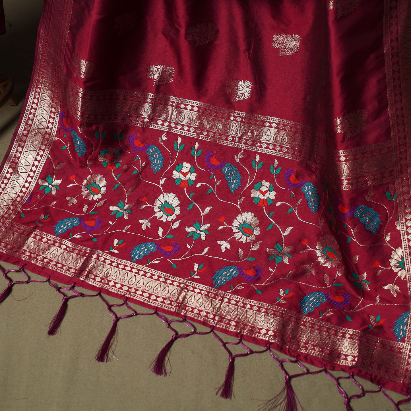 Red - Bangalore Silk Paithani Weave 3pc Unstitched Dress Material Suit Set 15