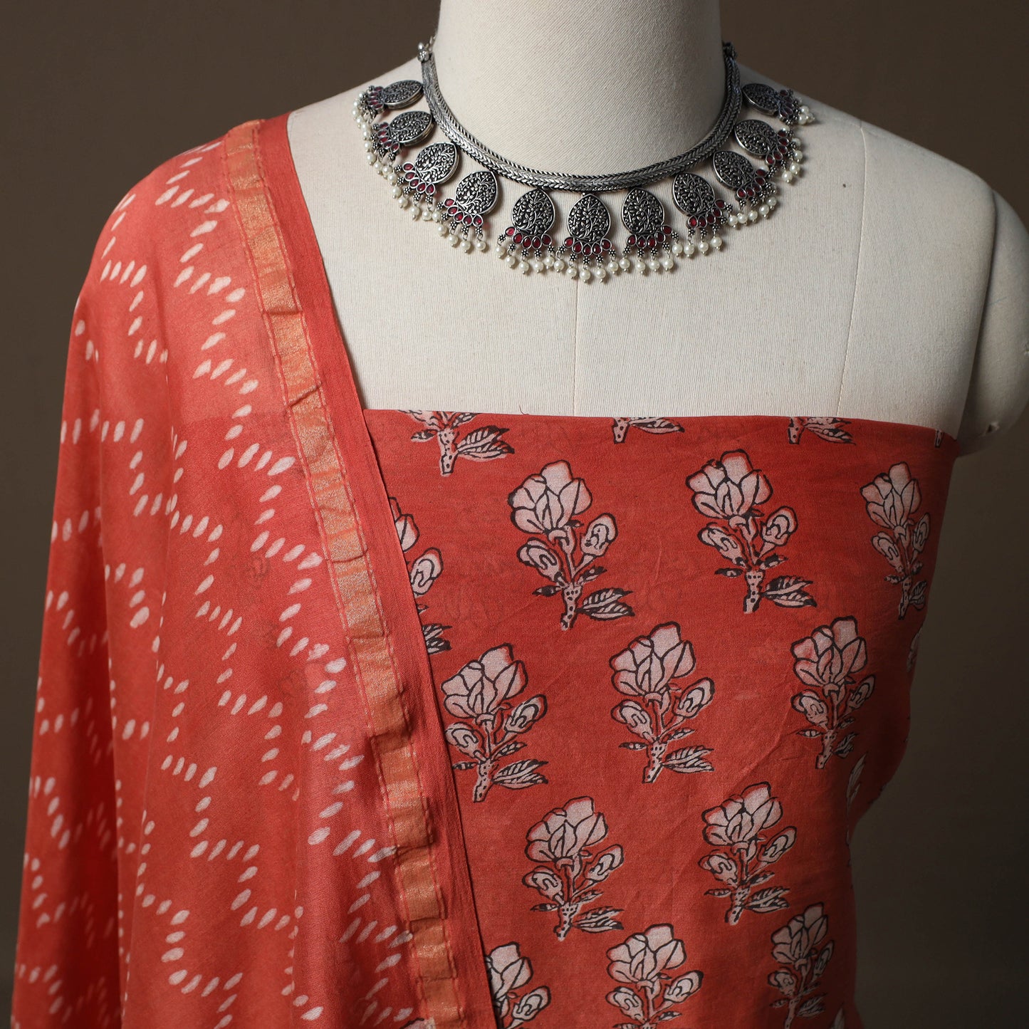 Akola Hand Block Print Chanderi Silk 2pc Unstitched Dress Material Kurta Set 06