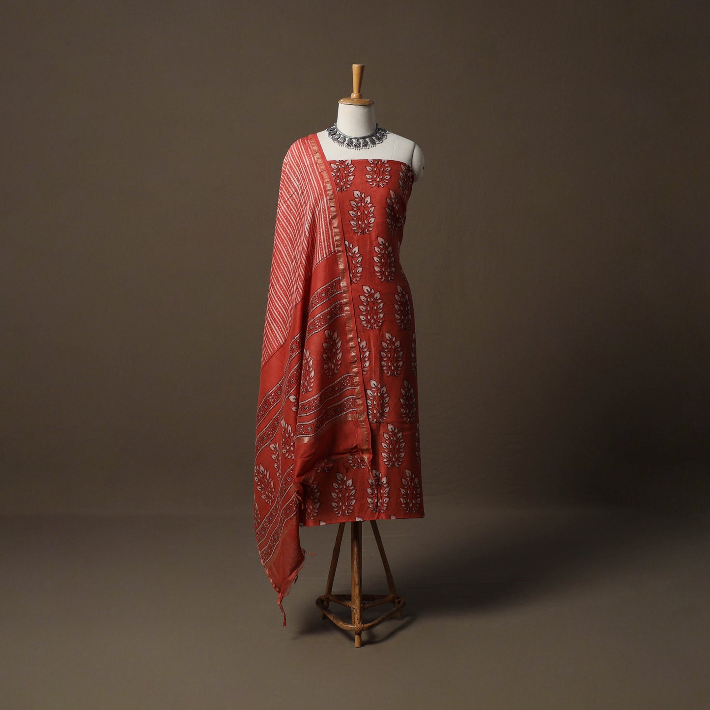 Akola Hand Block Print Chanderi Silk 2pc Unstitched Dress Material Kurta Set 07