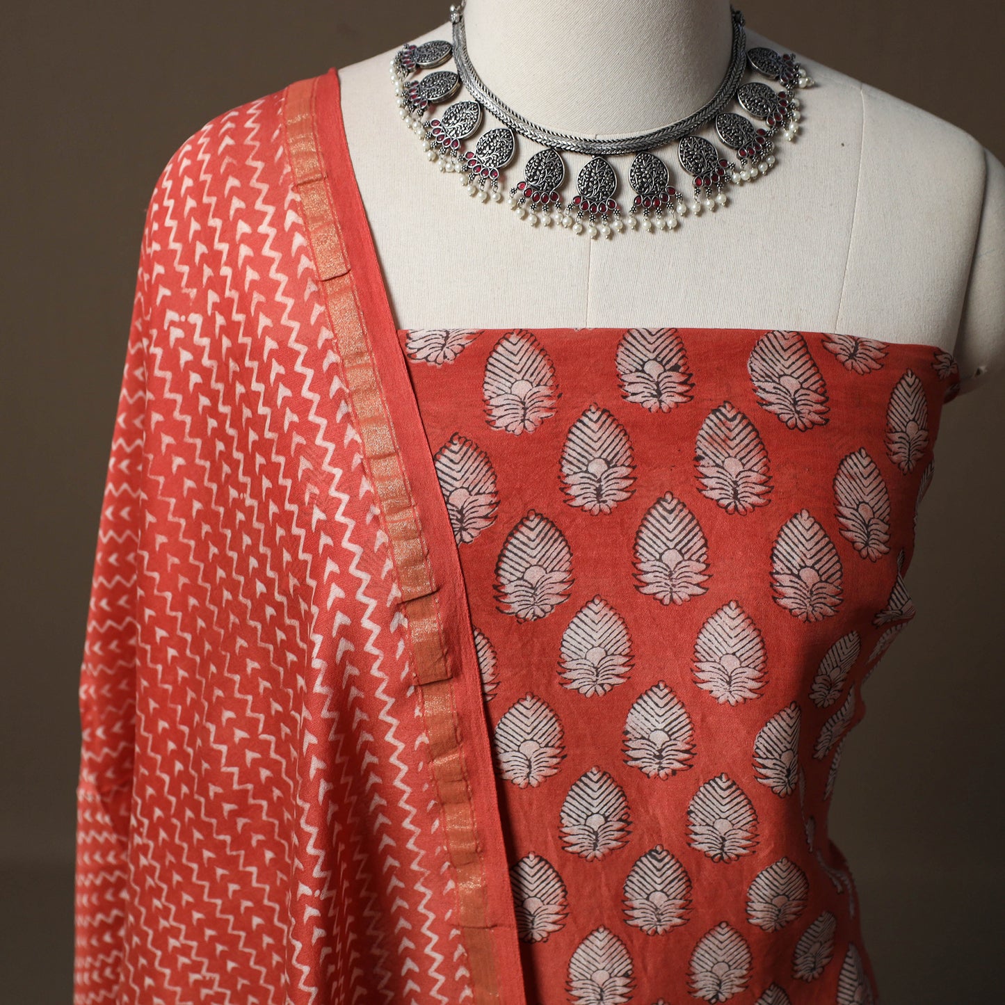 Akola Hand Block Print Chanderi Silk 2pc Unstitched Dress Material Kurta Set 08