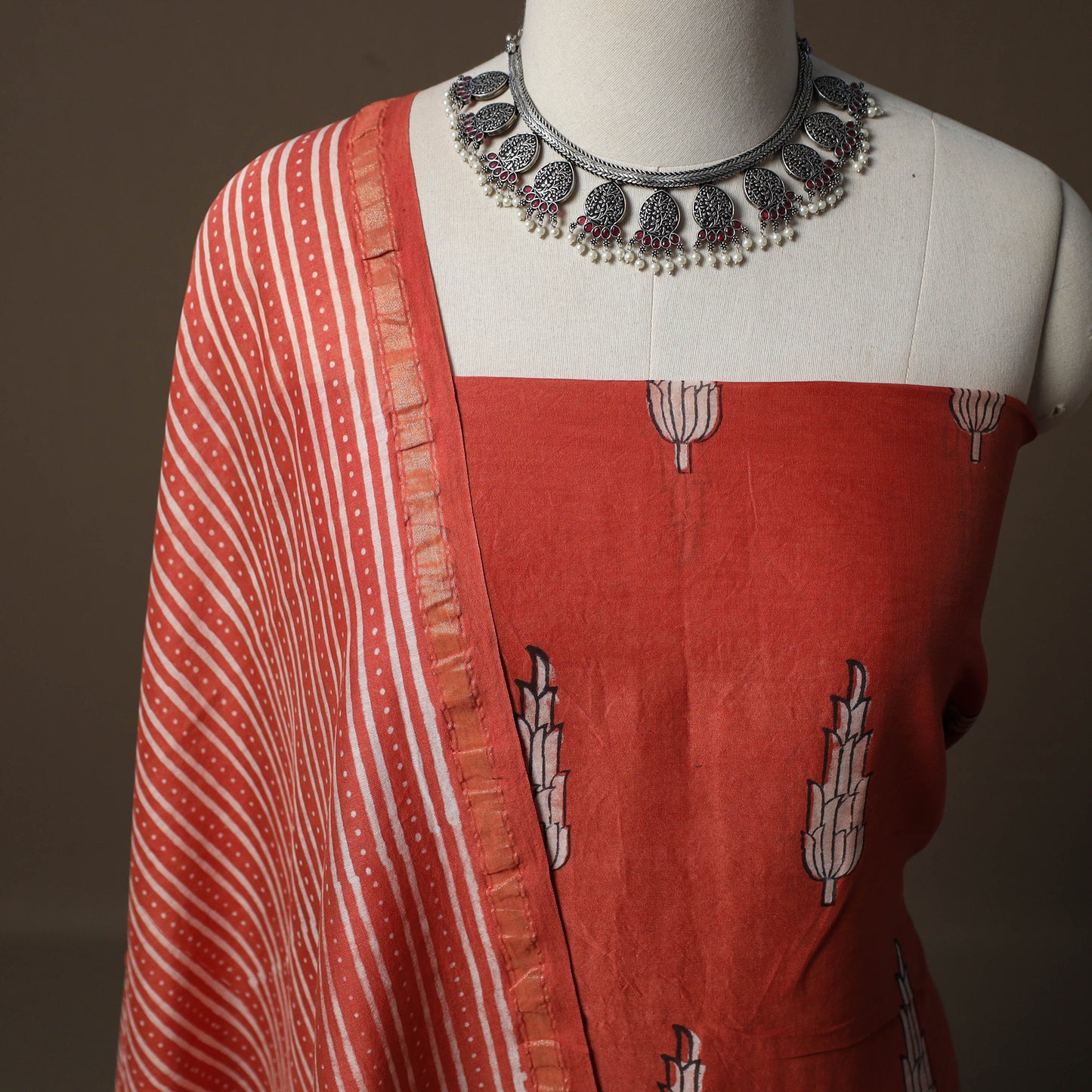 Akola Hand Block Print Chanderi Silk 2pc Unstitched Dress Material Kurta Set 09