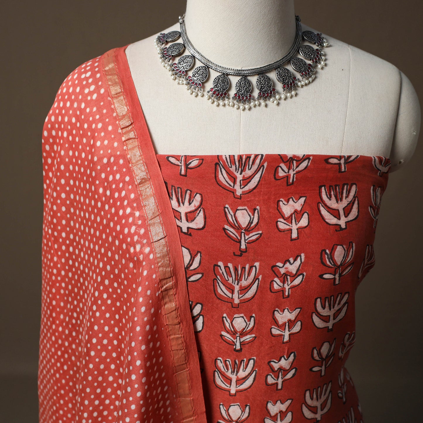 Akola Hand Block Print Chanderi Silk 2pc Unstitched Dress Material Kurta Set 10