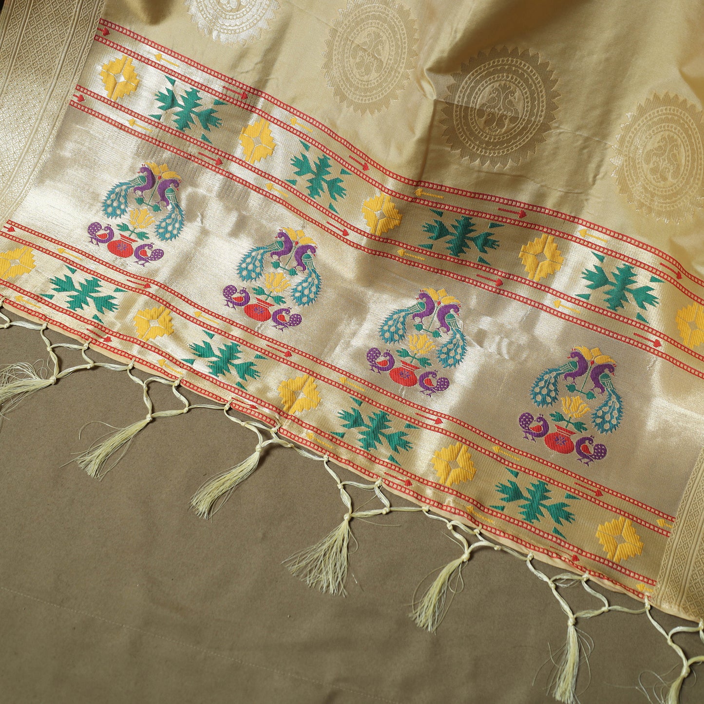 Beige - Bangalore Silk Paithani Weave 3pc Unstitched Dress Material Suit Set 18